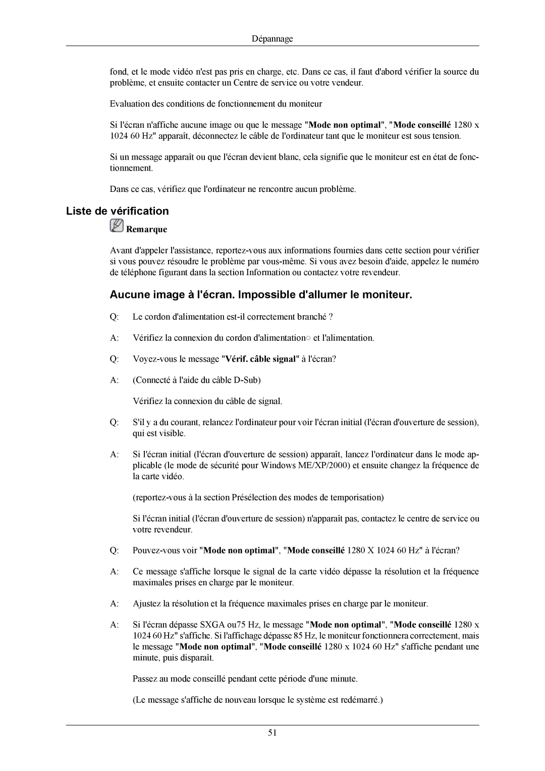 Samsung LS17MYAKS/EDC, LS19MYAKBBA/EN manual Liste de vérification, Aucune image à lécran. Impossible dallumer le moniteur 