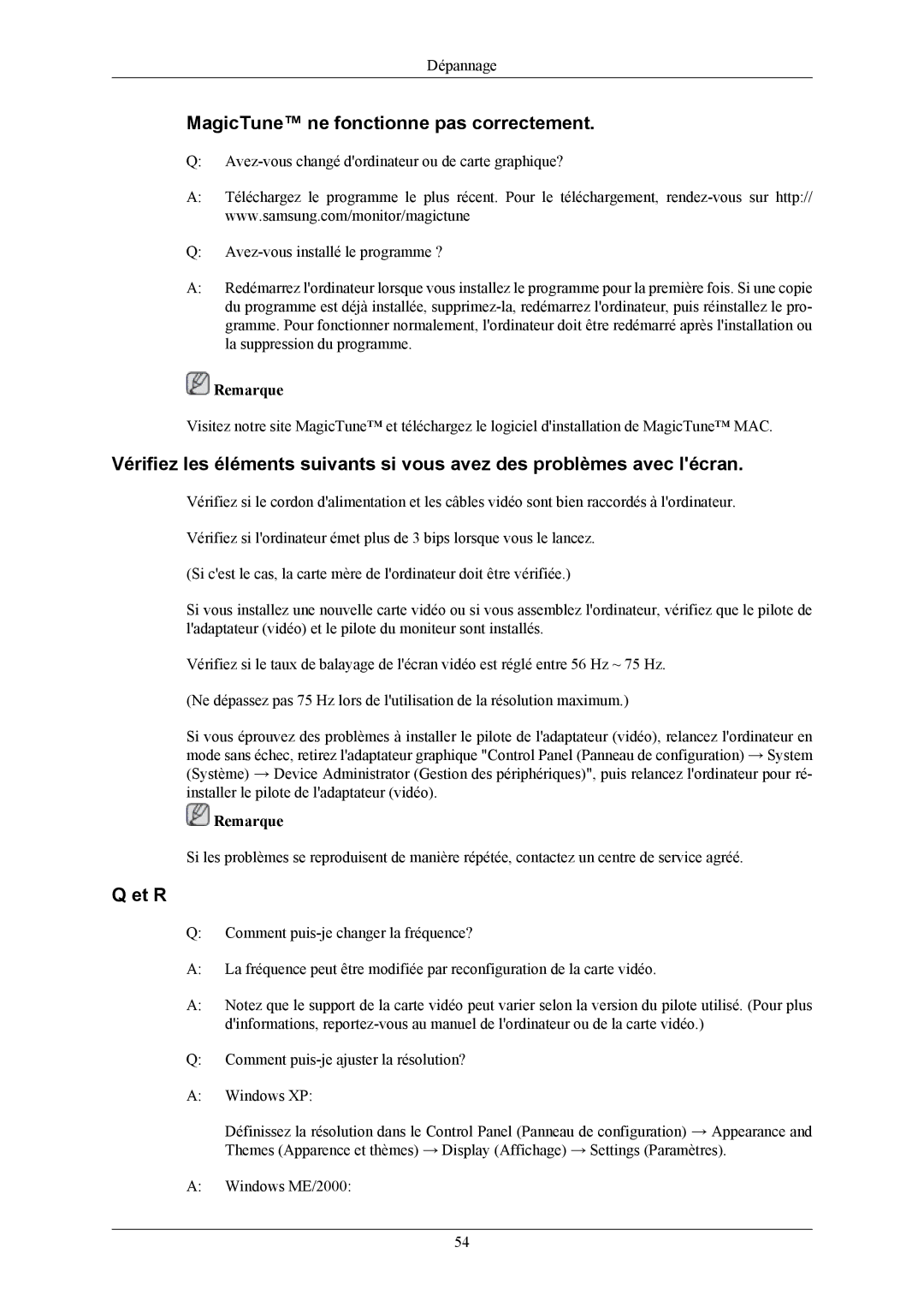 Samsung LS19MYAKBBA/EN, LS19MYAKBB/EDC, LS17MYAKBNA/EN, LS17MYAEB/EDC manual MagicTune ne fonctionne pas correctement, Et R 