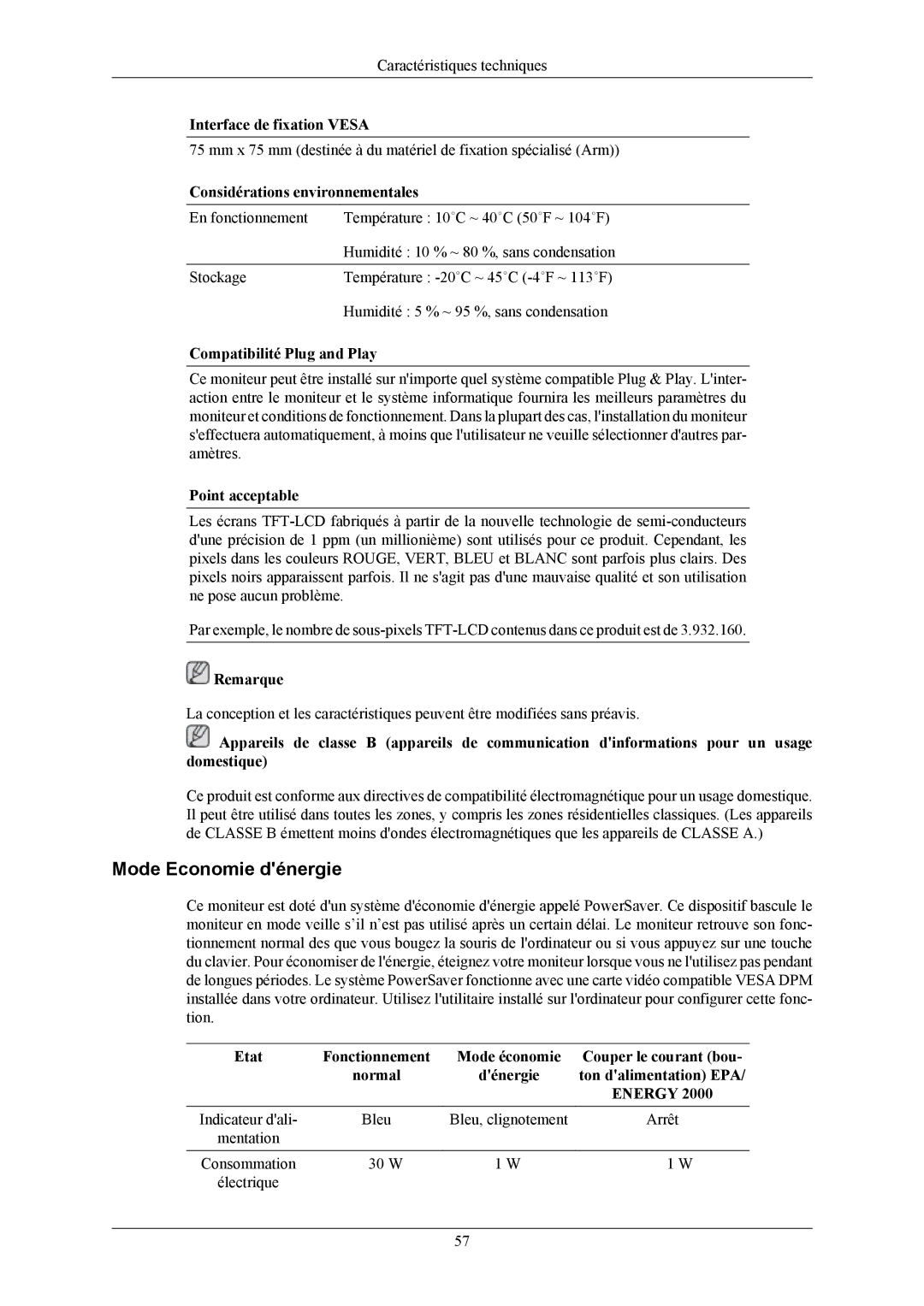 Samsung LS17MYAEB/EDC, LS19MYAKBBA/EN Mode Economie dénergie, Interface de fixation Vesa, Considérations environnementales 