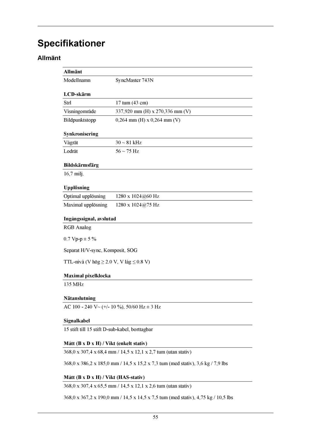 Samsung LS19MYAKSBA/EN, LS19MYAKBBA/EN, LS19MYAKBB/EDC, LS17MYAKBNA/EN, LS19MYAKBBAUEN manual Specifikationer, Allmänt 