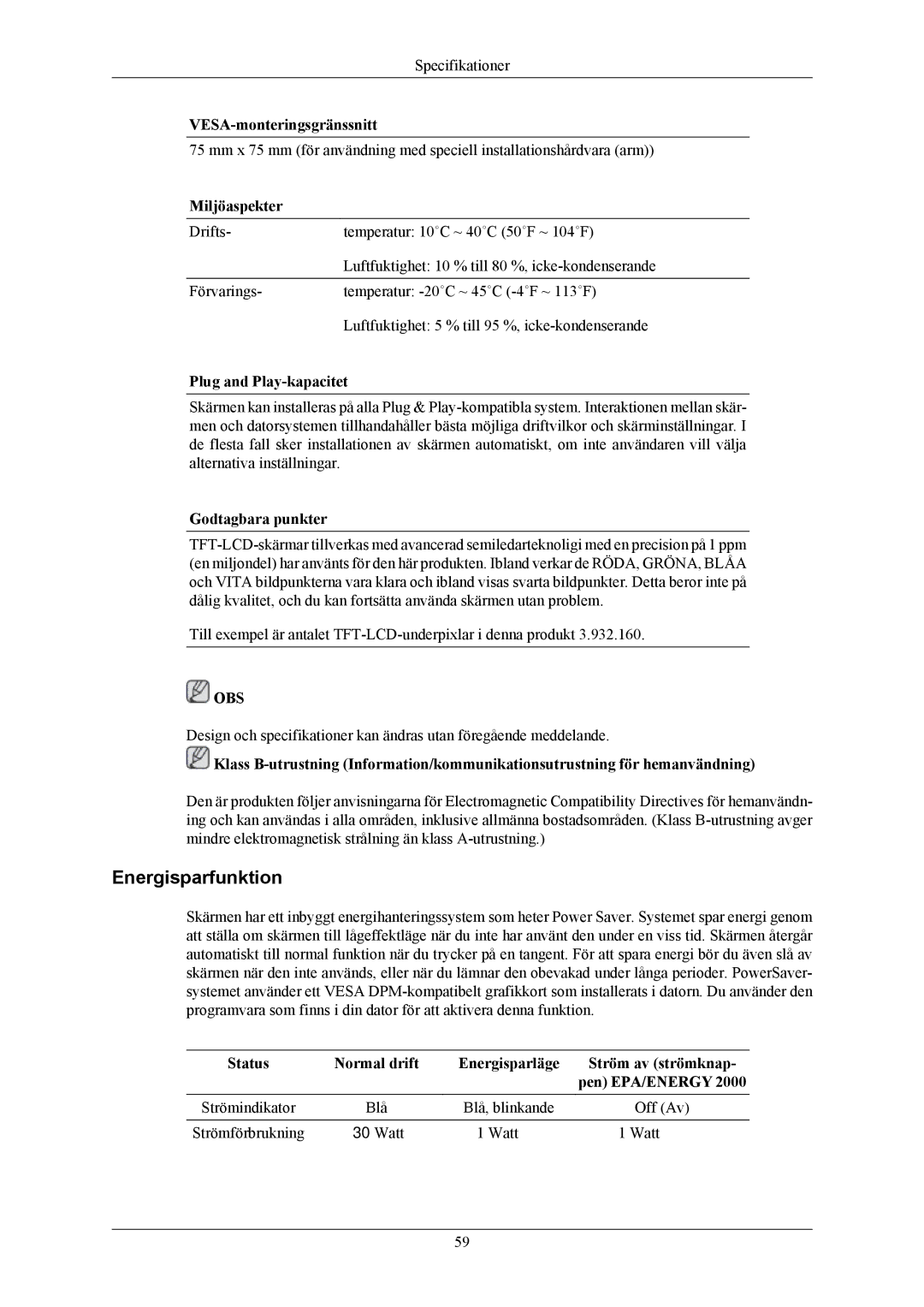 Samsung LS19MYAKBBAUEN, LS19MYAKSBA/EN, LS19MYAKBBA/EN, LS19MYAKBB/EDC, LS17MYAKBNA/EN, LS19MYAEBB/EDC manual Energisparfunktion 