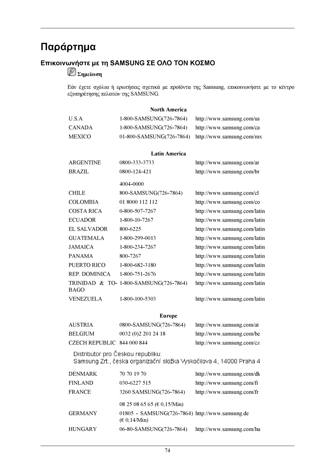 Samsung LS19MYBEBQ/EDC manual Παράρτημα, Επικοινωνήστε με τη Samsung ΣΕ ΟΛΟ ΤΟΝ Κοσμο, North America, Latin America, Europe 