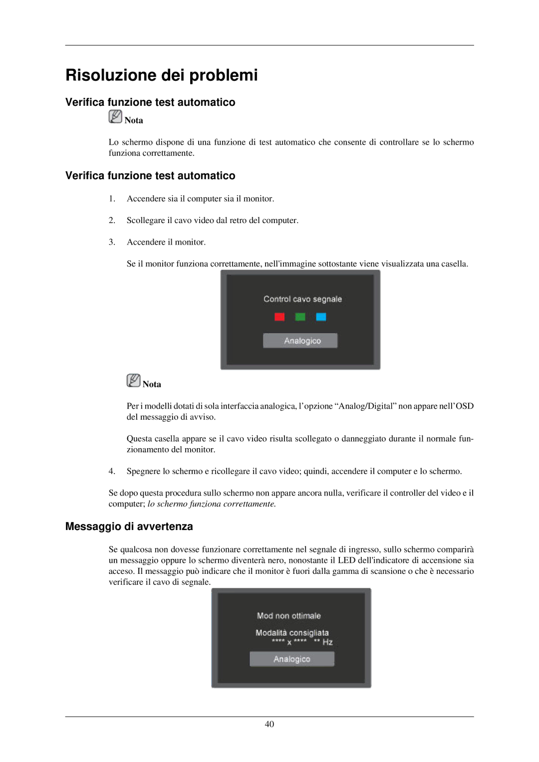 Samsung LS19MYKEBQ/EDC, LS19MYBES7A/EN, LS22MYDEBCA/EN manual Verifica funzione test automatico, Messaggio di avvertenza 