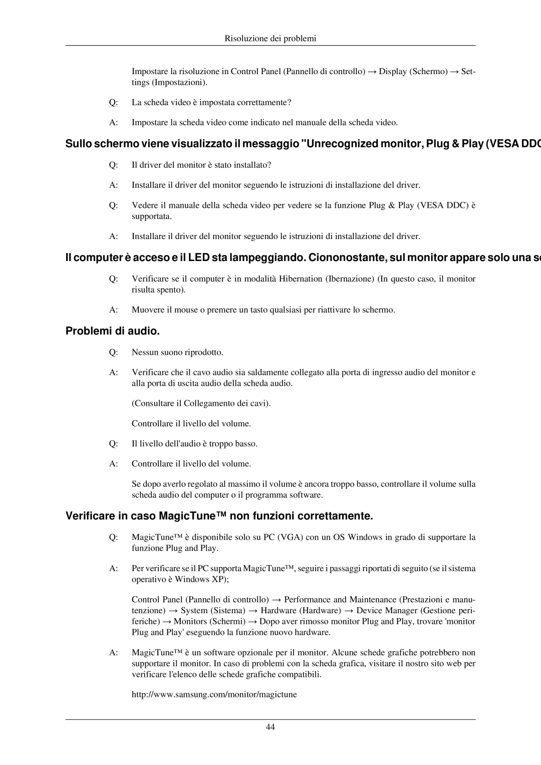 Samsung LS19CMYKF/EN, LS19MYBES7A/EN manual Problemi di audio, Verificare in caso MagicTune non funzioni correttamente 