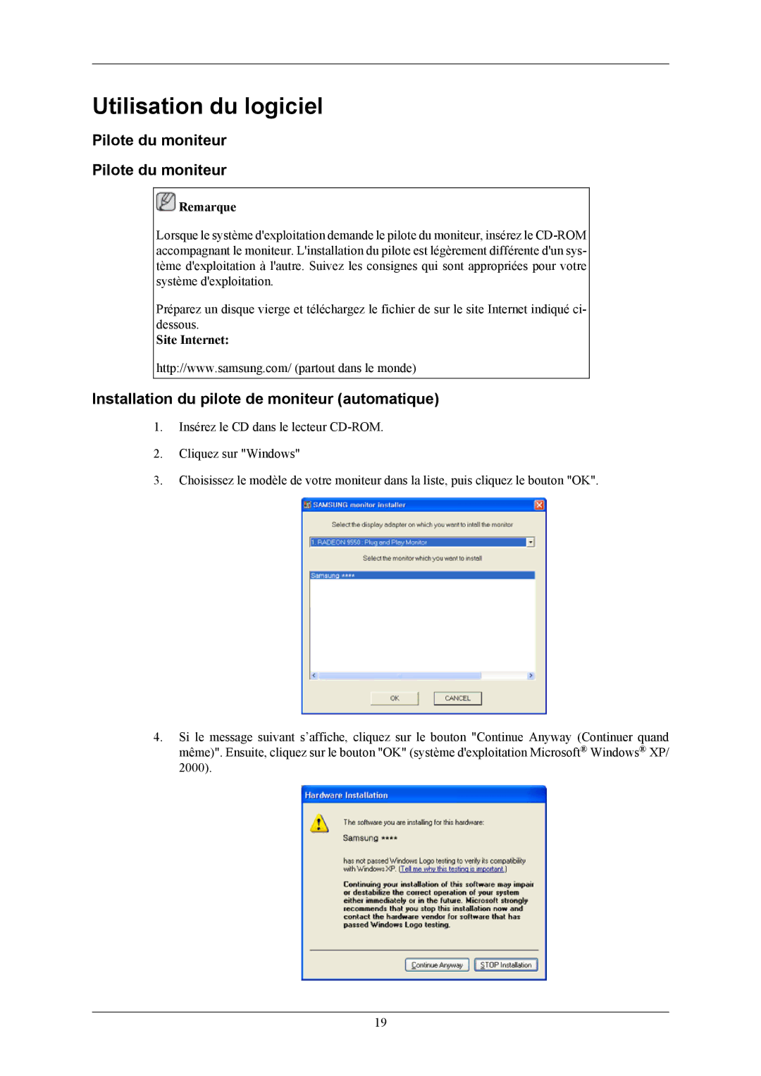 Samsung LS19MYBEBCA/EN manual Utilisation du logiciel, Pilote du moniteur, Installation du pilote de moniteur automatique 