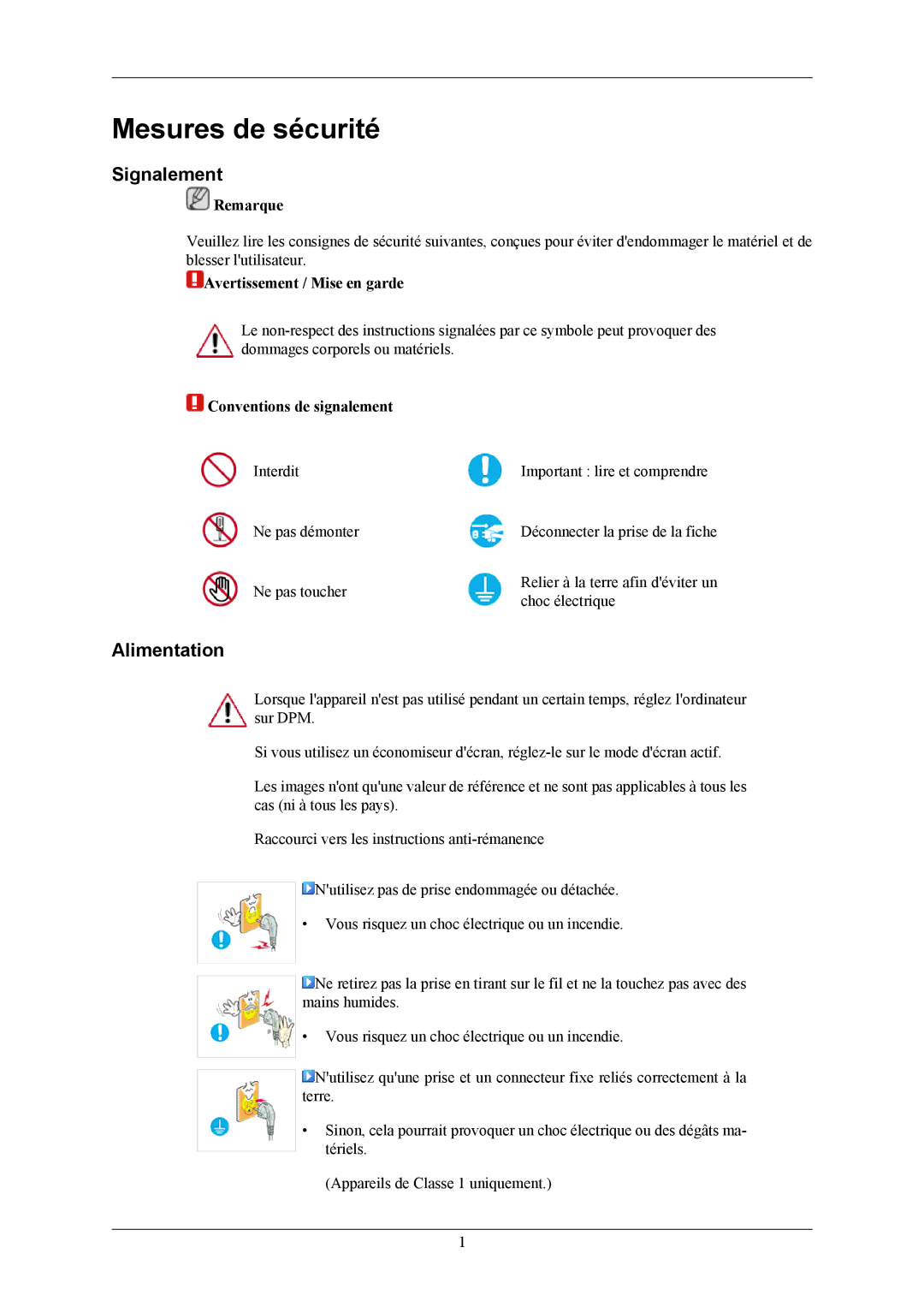 Samsung LS19MYBEBCA/EN, LS19MYBESQ/EDC, LS19MYBEBQ/EDC, LS17MYBEBQ/EDC manual Mesures de sécurité, Signalement, Alimentation 