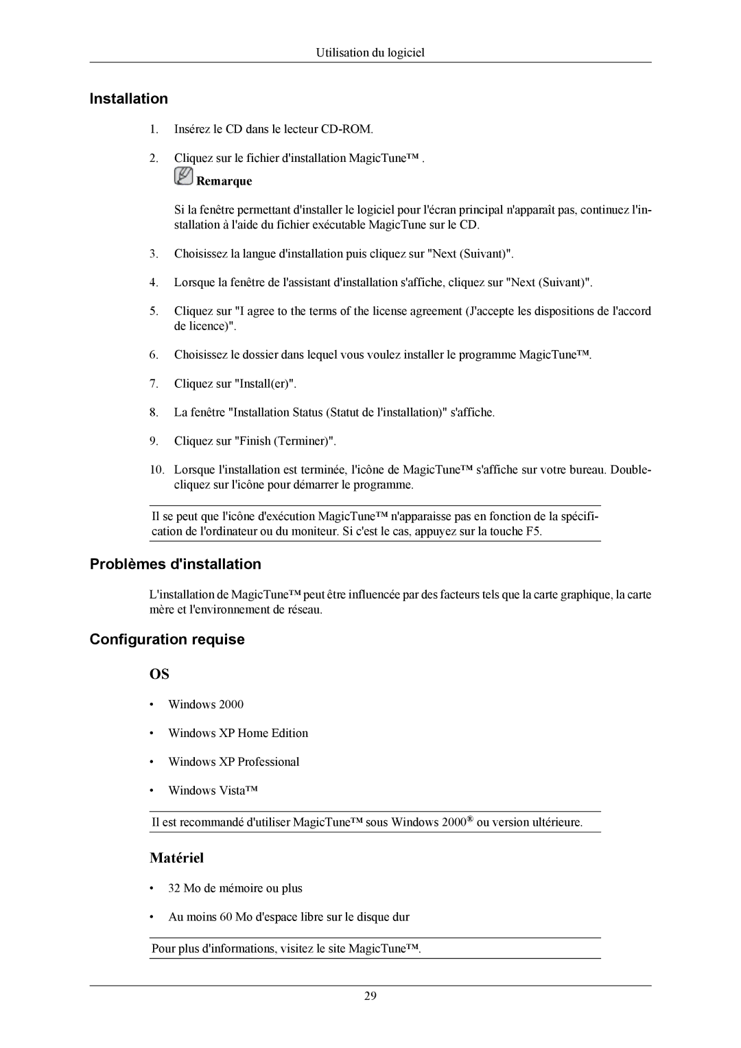 Samsung LS19MYBEBCA/EN, LS19MYBESQ/EDC, LS19MYBEBQ/EDC, LS17MYBEBQ/EDC manual Problèmes dinstallation, Configuration requise 