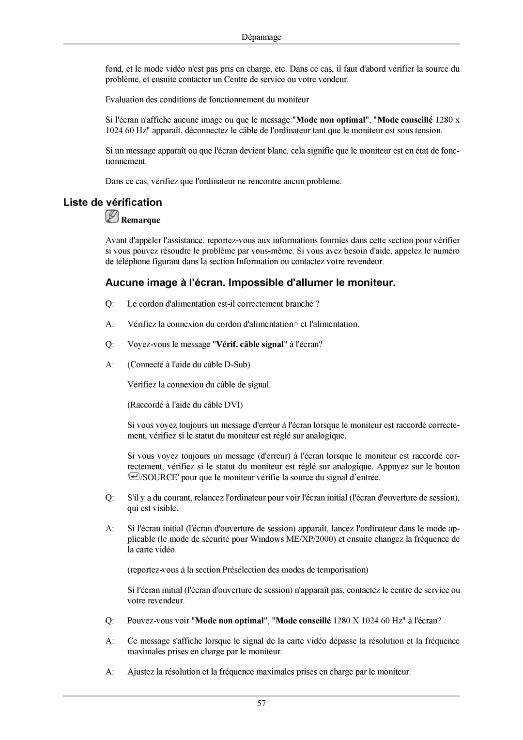 Samsung LS17MYBEBCA/EN, LS19MYBESQ/EDC manual Liste de vérification, Aucune image à lécran. Impossible dallumer le moniteur 