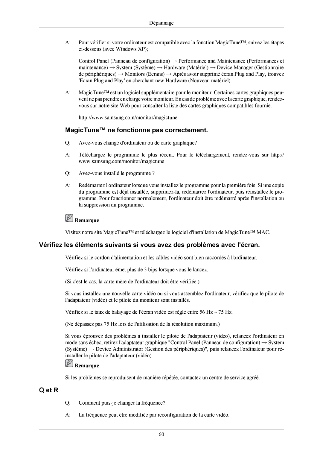 Samsung LS19MYBEBCA/EN, LS19MYBESQ/EDC, LS19MYBEBQ/EDC, LS17MYBEBQ/EDC manual MagicTune ne fonctionne pas correctement, Et R 