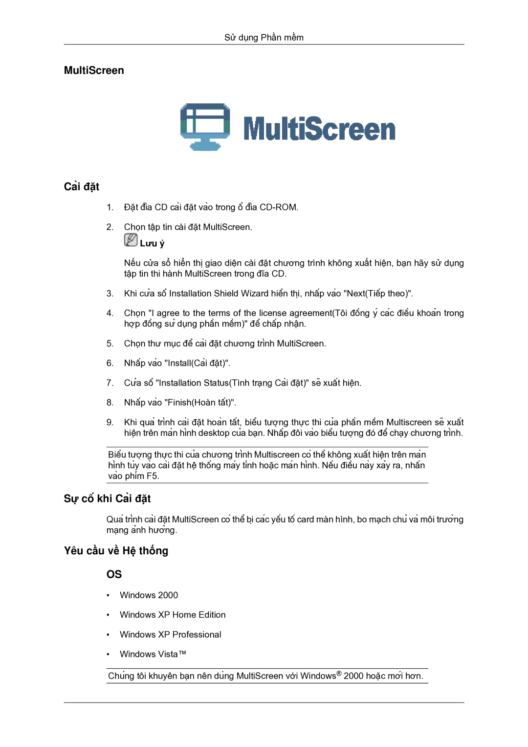 Samsung LS19MYDKFV/XSV manual MultiScreen Cài đặt 