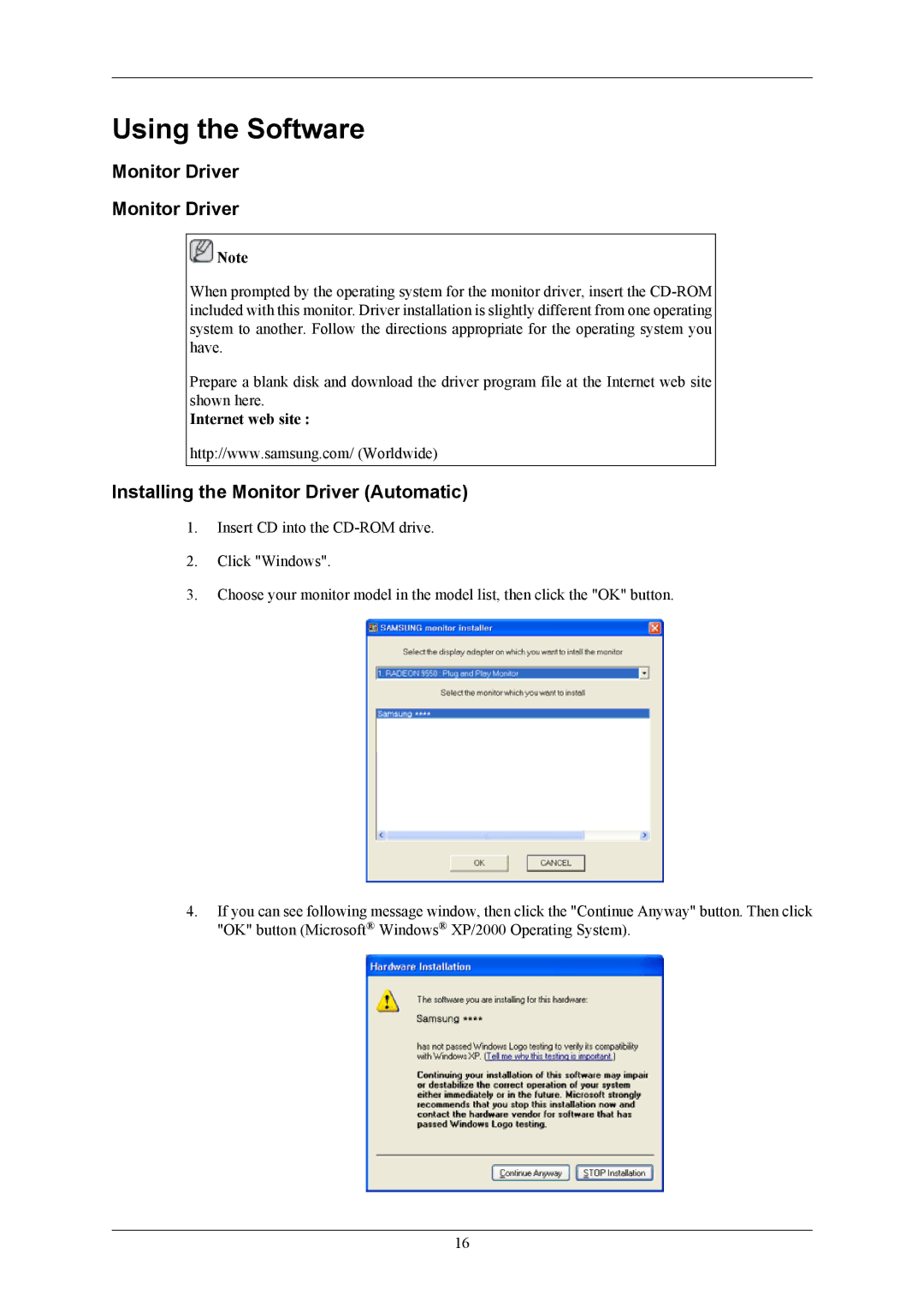 Samsung LS19MYKEQQ/ILC, LS19MYKEBQ/EDC Using the Software, Installing the Monitor Driver Automatic, Internet web site 