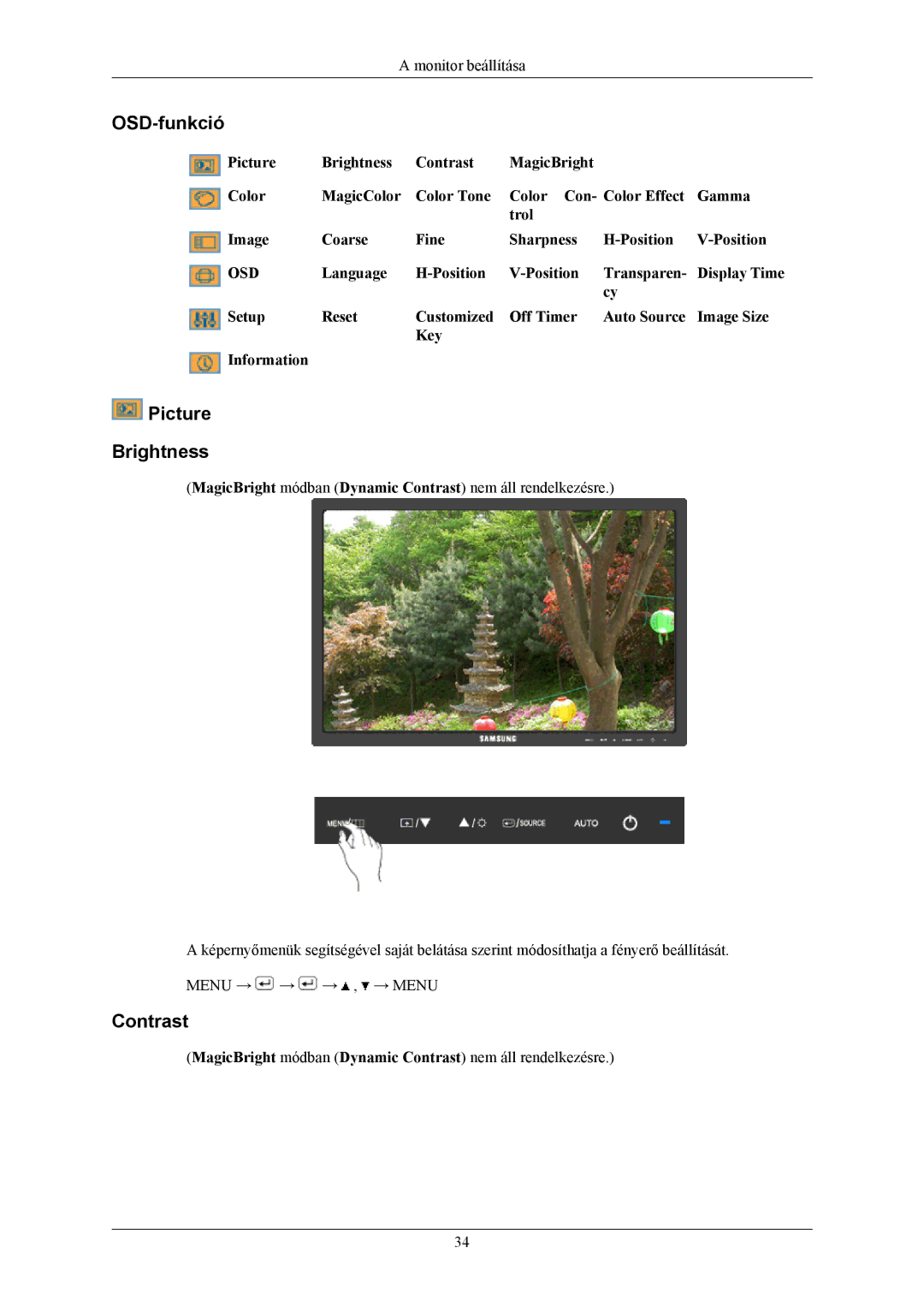 Samsung LS19MYKESCA/EN, LS19MYKEBQ/EDC, LS19MYKEBCA/EN, LS19MYKESQ/EDC manual OSD-funkció, Picture Brightness, Contrast 