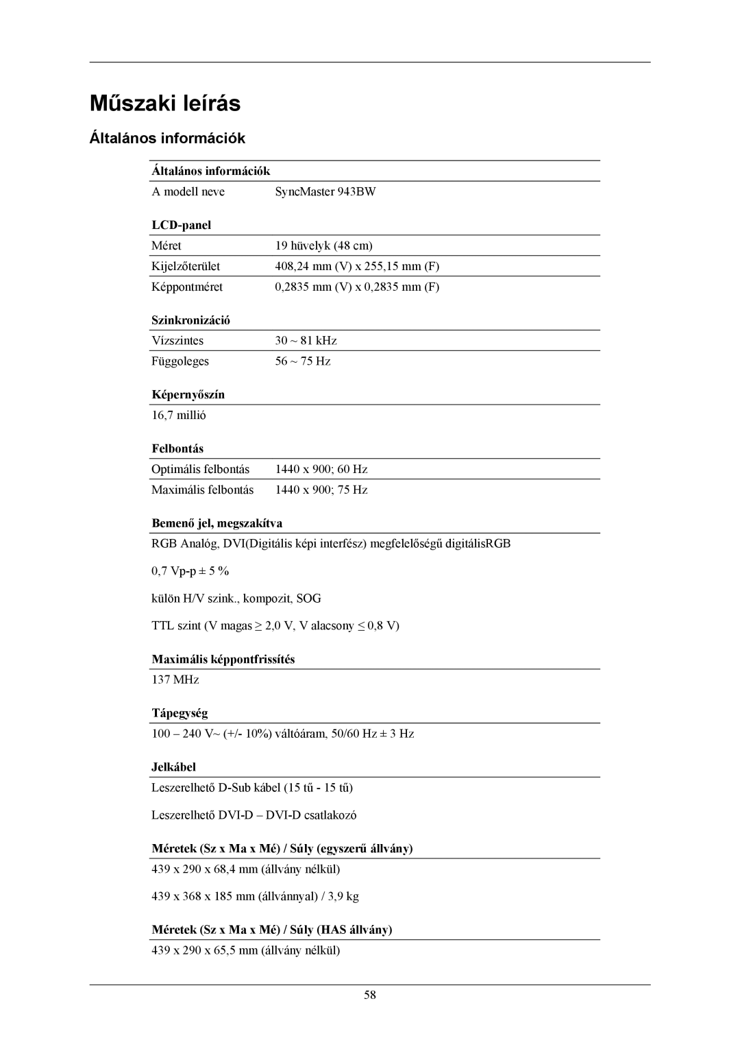 Samsung LS19MYKESCA/EN, LS19MYKEBQ/EDC, LS19MYKEBCA/EN, LS19MYKESQ/EDC manual Műszaki leírás, Általános információk 