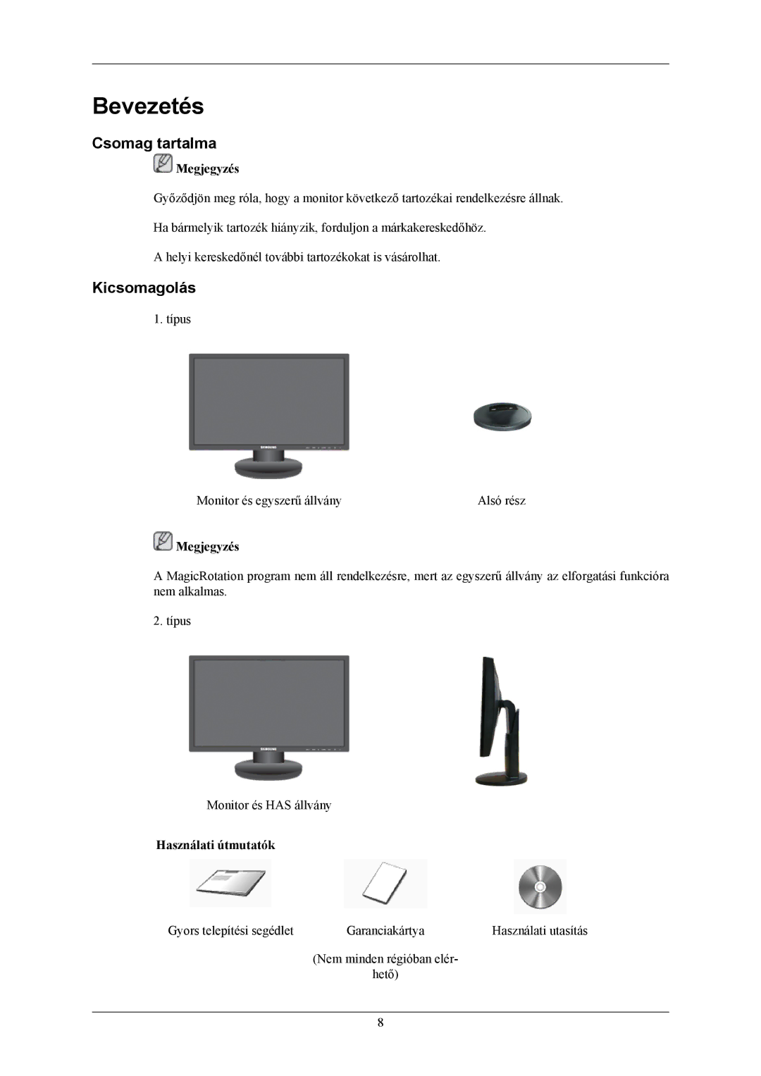 Samsung LS19MYKEBCA/EN, LS19MYKEBQ/EDC, LS19MYKESQ/EDC manual Bevezetés, Csomag tartalma, Kicsomagolás, Használati útmutatók 