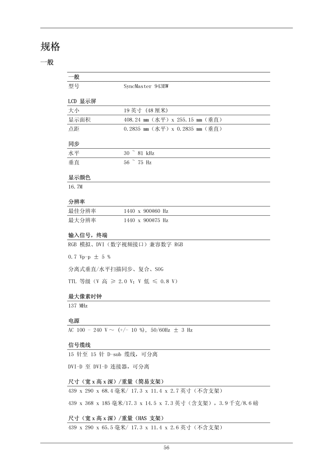 Samsung LS19MYKEBCA/EN manual Lcd 显示屏, 显示颜色, 分辨率, 输入信号，终端, 最大像素时钟, 信号缆线, 尺寸（宽 x 高 x 深）/重量（简易支架）, 尺寸（宽 x 高 x 深）/重量（HAS 支架） 