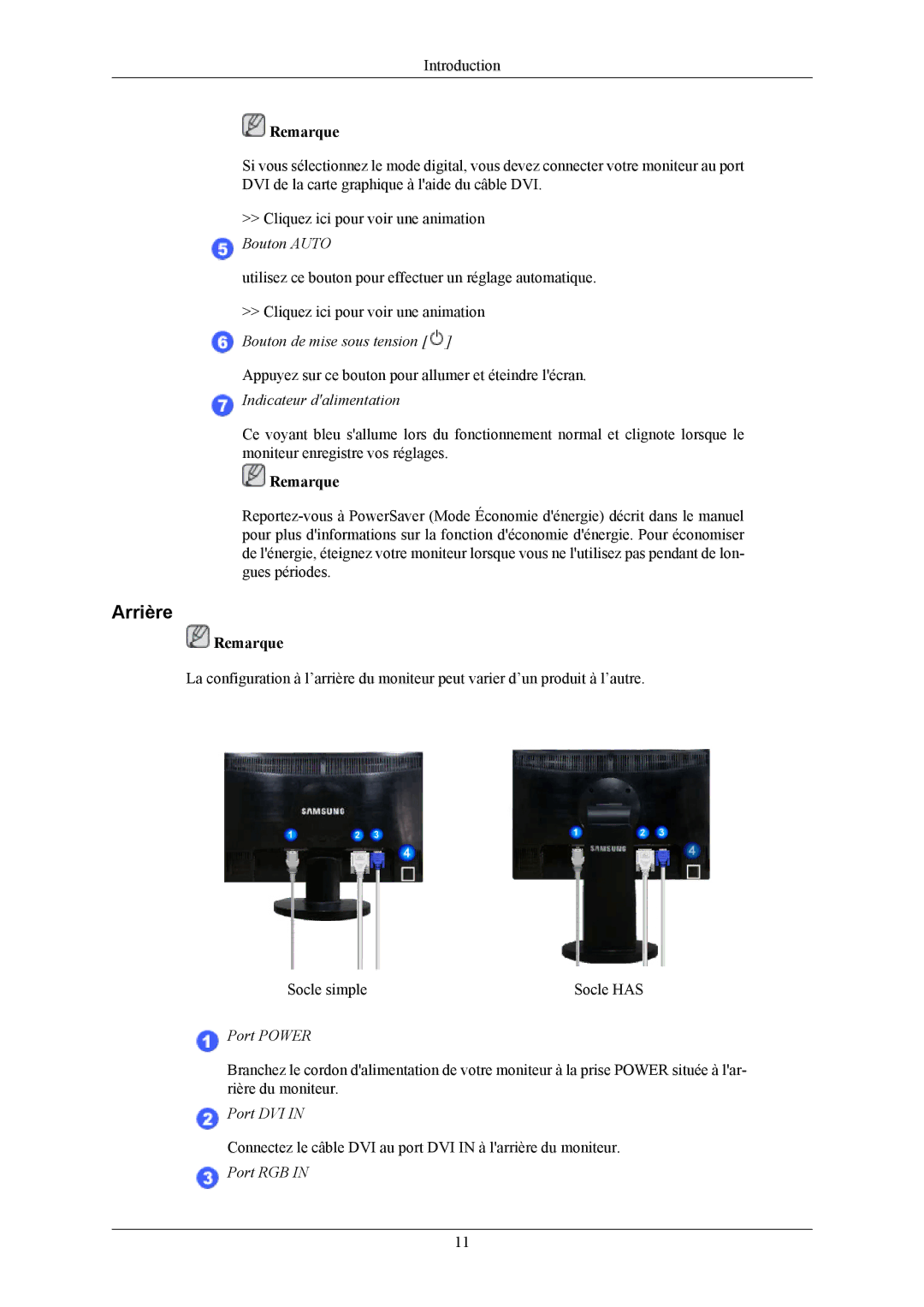 Samsung LS19MYKEBQ/EDC, LS19MYKEBCA/EN, LS19MYKESQ/EDC manual Arrière, Indicateur dalimentation 