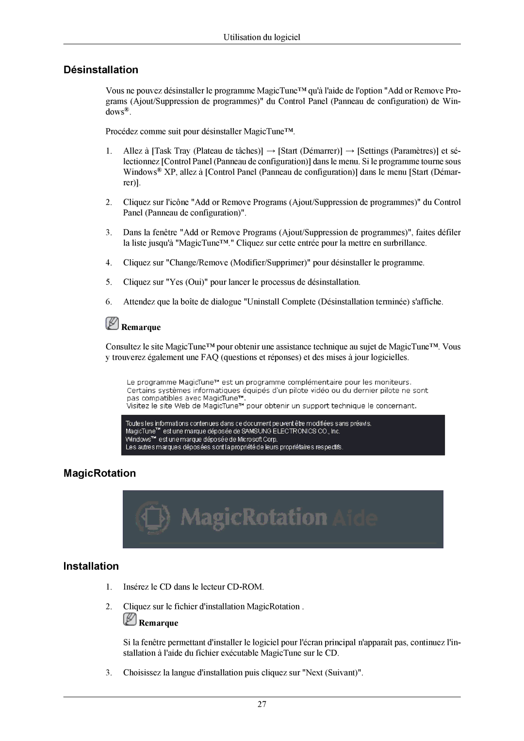 Samsung LS19MYKEBCA/EN, LS19MYKEBQ/EDC, LS19MYKESQ/EDC manual Désinstallation, MagicRotation Installation 