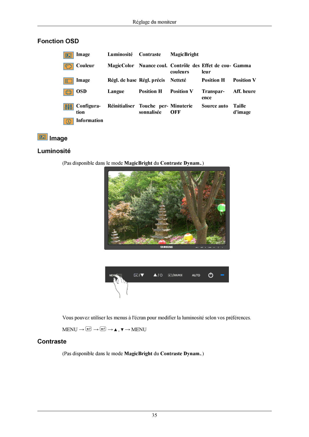 Samsung LS19MYKEBQ/EDC, LS19MYKEBCA/EN, LS19MYKESQ/EDC manual Fonction OSD, Image Luminosité, Contraste, Dimage, Information 