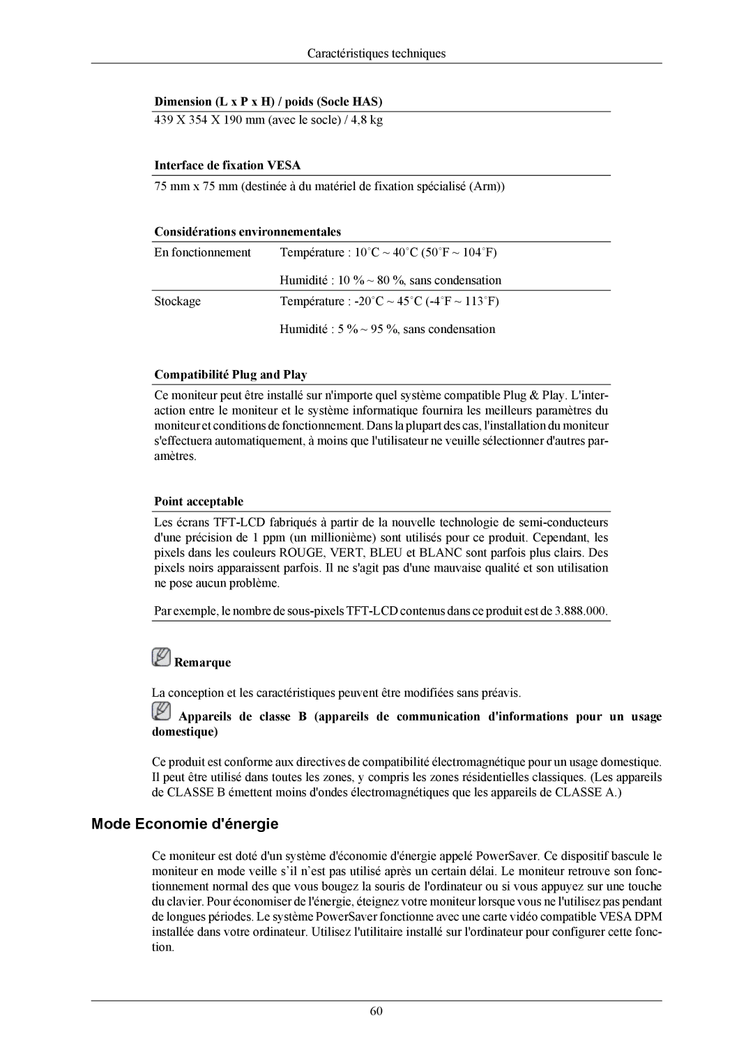 Samsung LS19MYKEBCA/EN manual Mode Economie dénergie, Interface de fixation Vesa, Considérations environnementales 