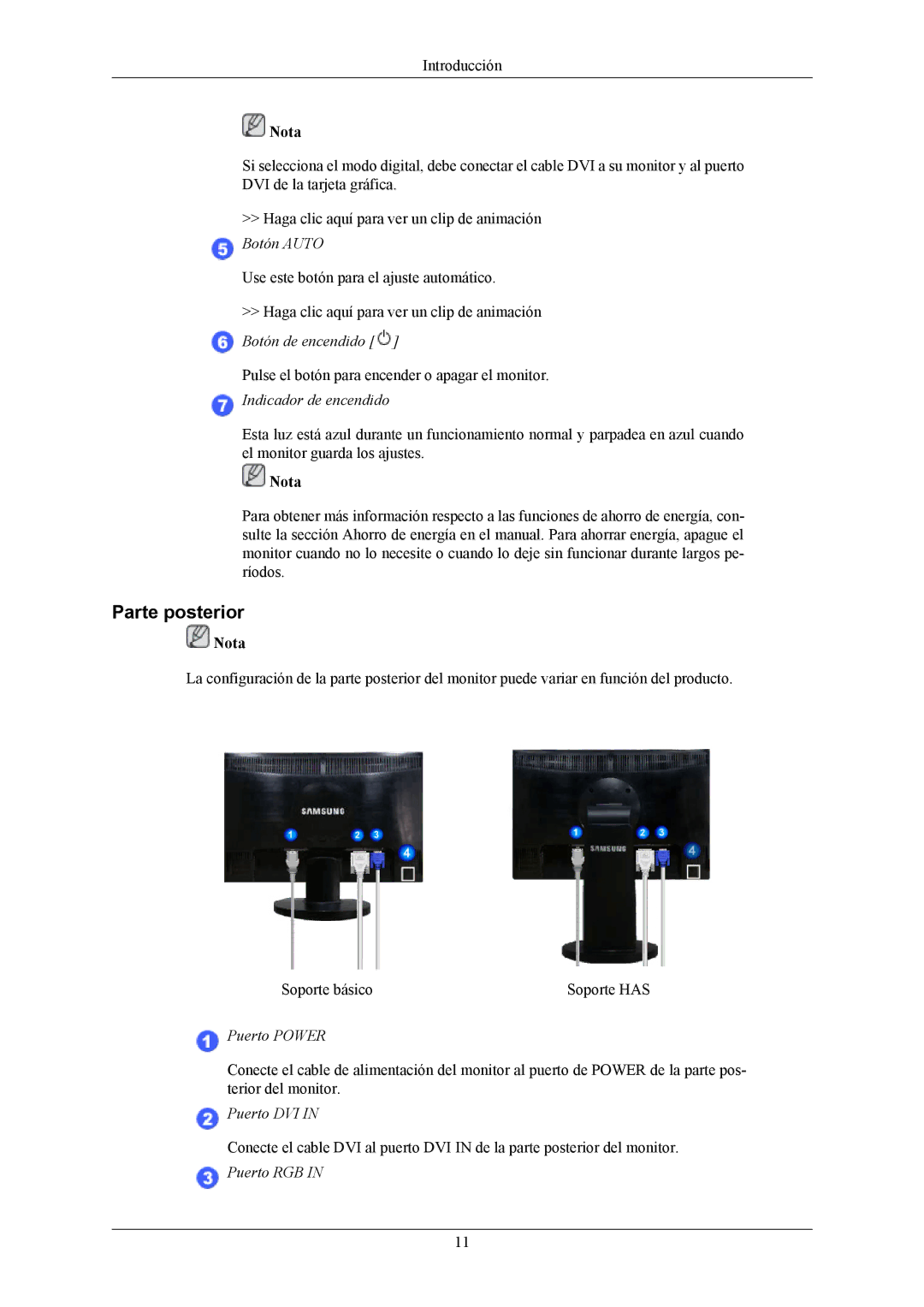 Samsung LS19MYKEBQ/EDC, LS19MYKEBCA/EN, LS19MYKESQ/EDC manual Parte posterior, Indicador de encendido 