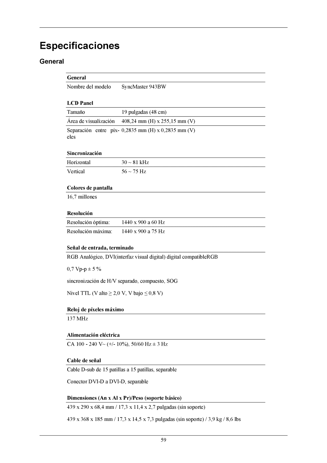 Samsung LS19MYKEBQ/EDC, LS19MYKEBCA/EN, LS19MYKESQ/EDC manual Especificaciones, General 