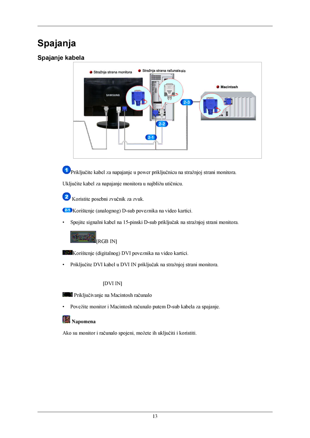 Samsung LS19MYKESQ/EDC, LS19MYKEBQ/EDC, LS19MYKEBCA/EN manual Spajanja, Spajanje kabela 