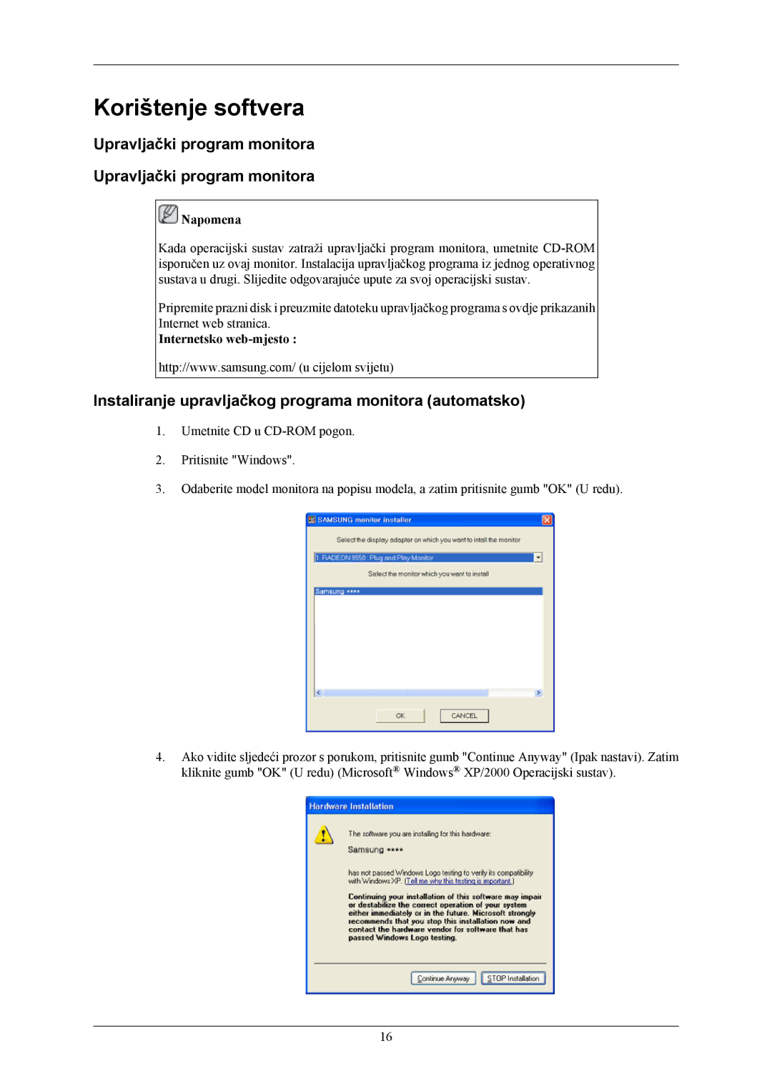 Samsung LS19MYKESQ/EDC, LS19MYKEBQ/EDC manual Korištenje softvera, Upravljački program monitora, Internetsko web-mjesto 