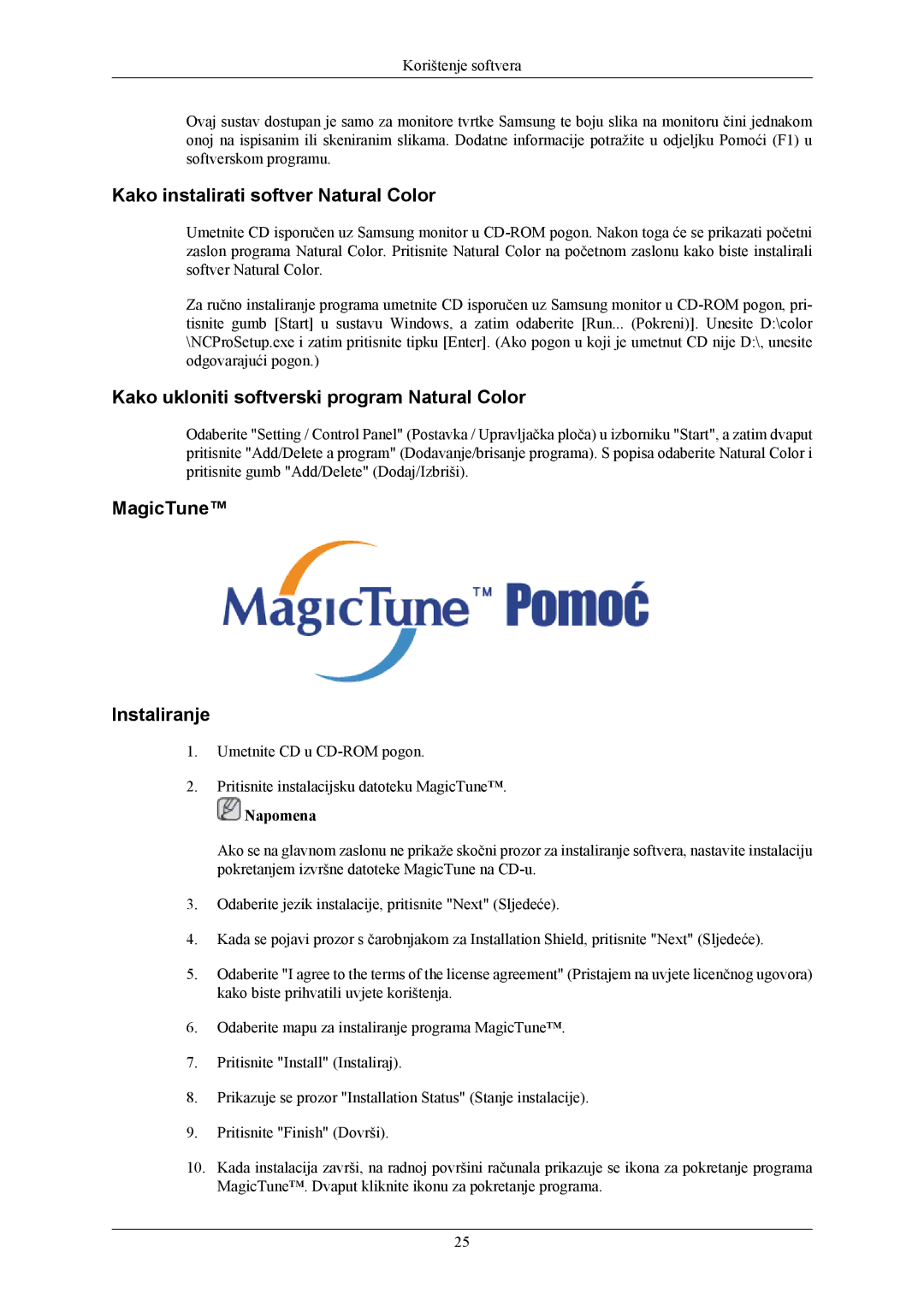 Samsung LS19MYKESQ/EDC manual Kako instalirati softver Natural Color, Kako ukloniti softverski program Natural Color 