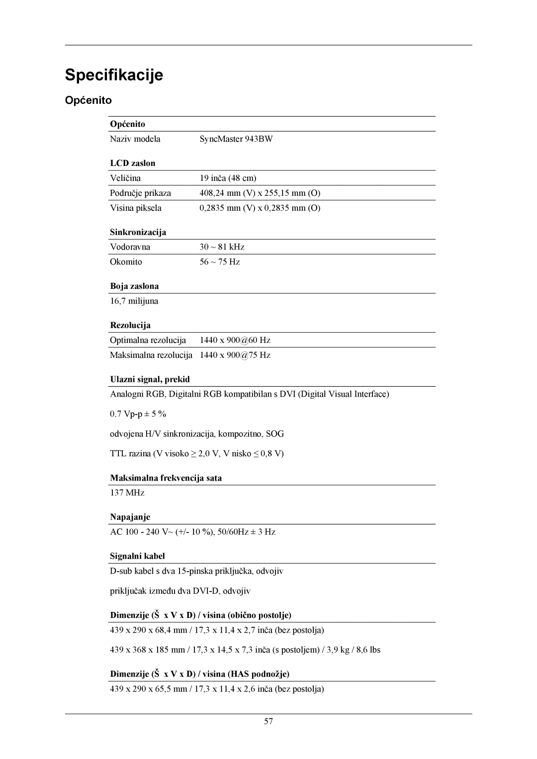 Samsung LS19MYKEBCA/EN, LS19MYKEBQ/EDC, LS19MYKESQ/EDC manual Specifikacije, Općenito 