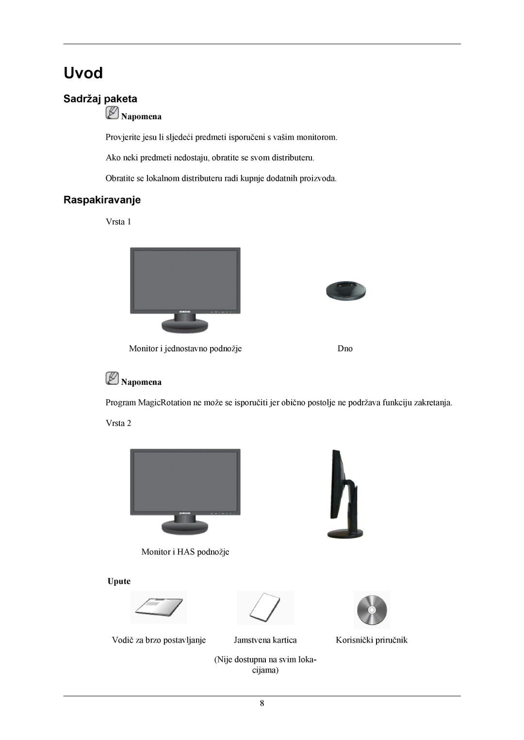 Samsung LS19MYKEBQ/EDC, LS19MYKEBCA/EN, LS19MYKESQ/EDC manual Uvod, Sadržaj paketa, Raspakiravanje, Upute 