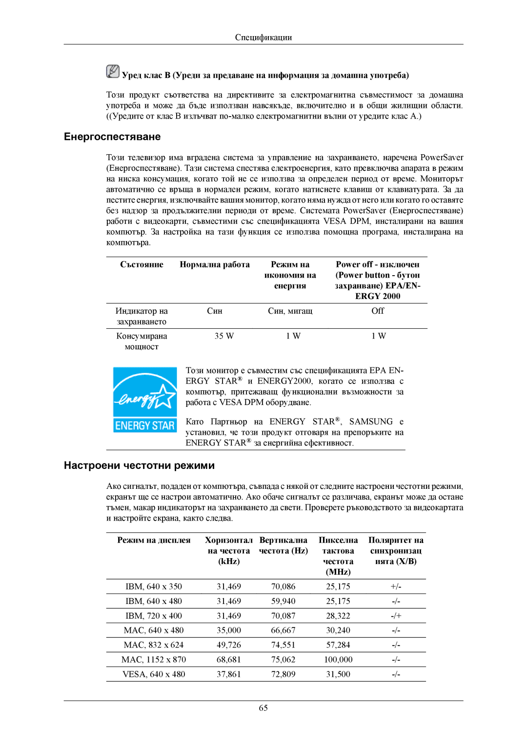 Samsung LS19MYKEBQ/EDC, LS19MYKEBCA/EN manual Енергоспестяване 