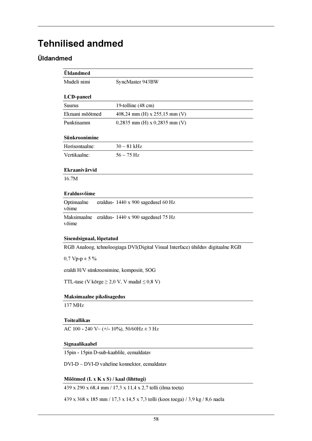 Samsung LS19MYKEBCA/EN, LS19MYKEBQ/EDC manual Tehnilised andmed, Üldandmed 