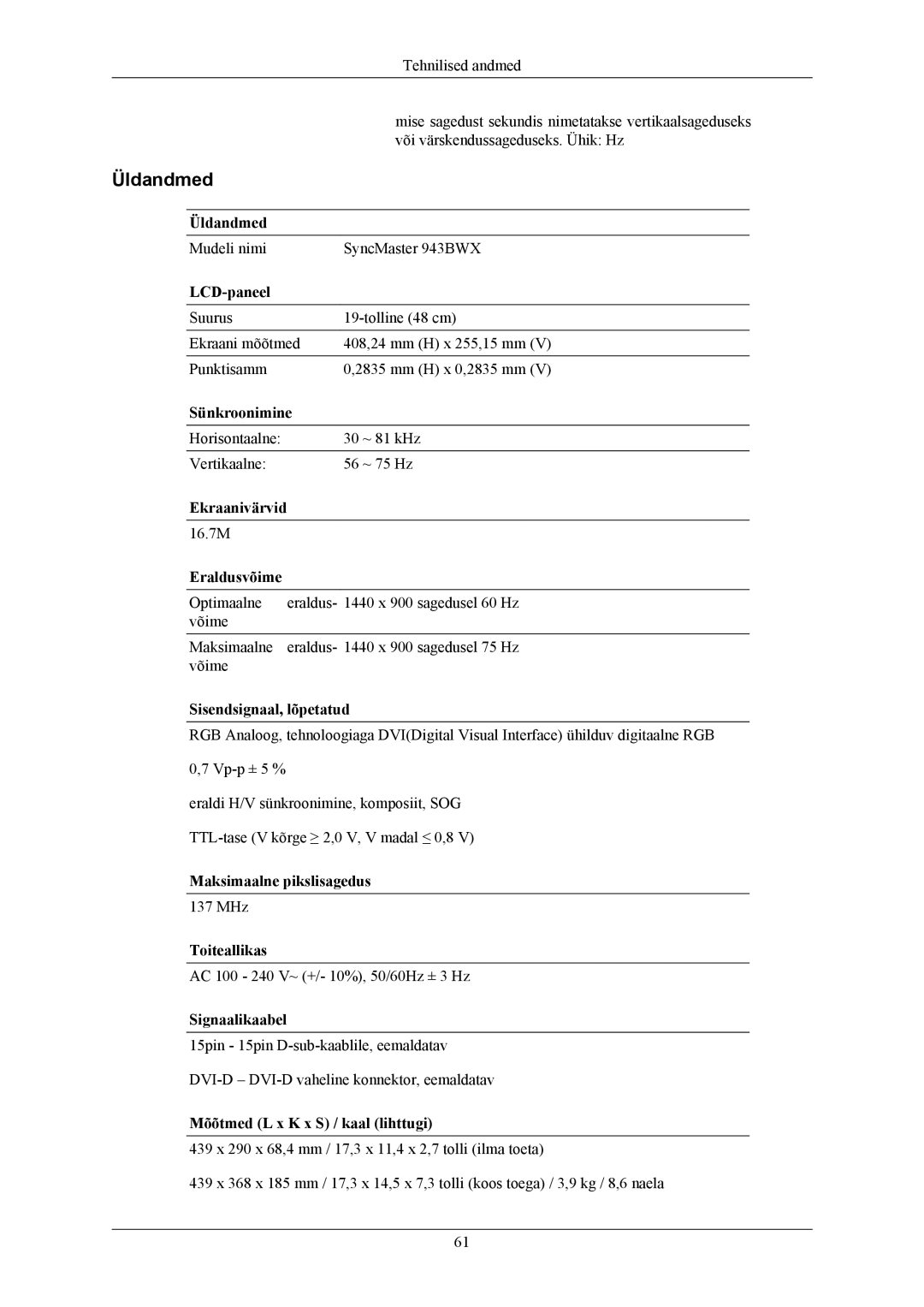 Samsung LS19MYKEBQ/EDC, LS19MYKEBCA/EN manual Mise sagedust sekundis nimetatakse vertikaalsageduseks 