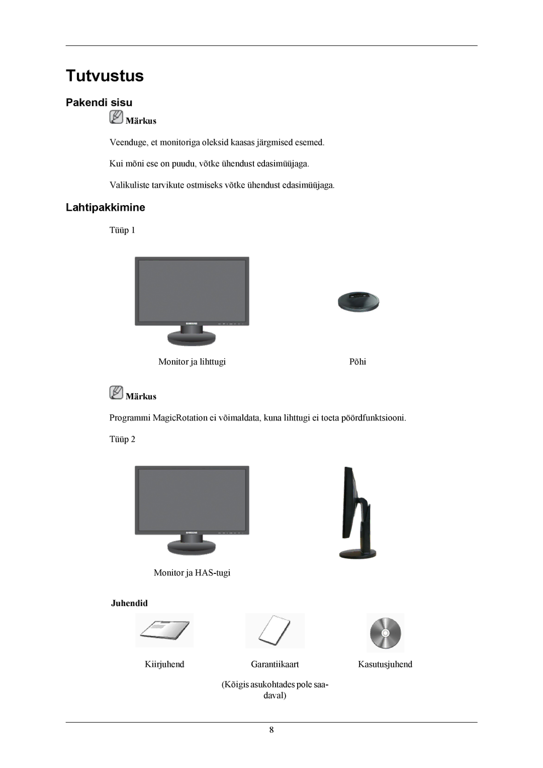 Samsung LS19MYKEBCA/EN, LS19MYKEBQ/EDC manual Tutvustus, Pakendi sisu, Lahtipakkimine, Juhendid 