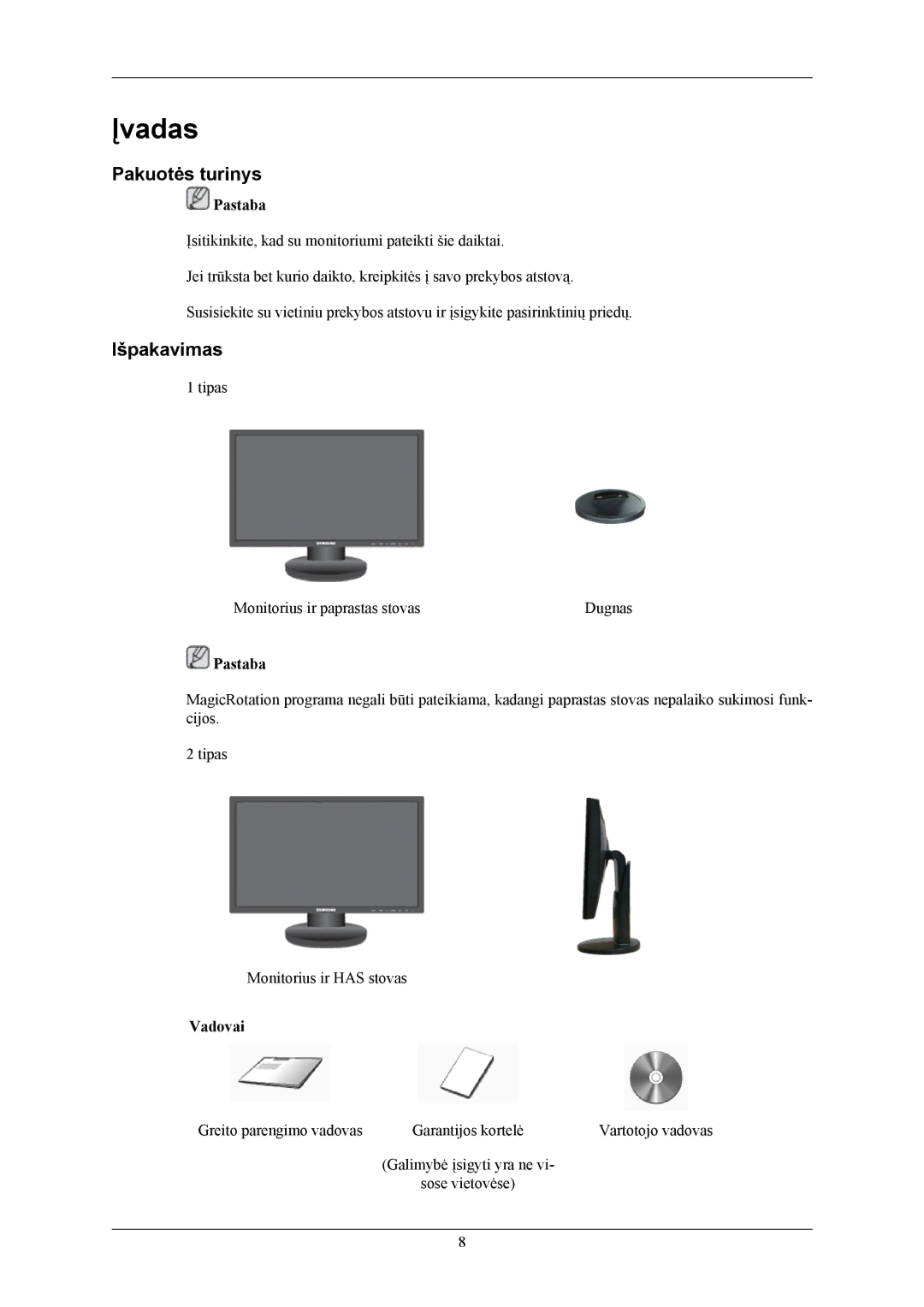 Samsung LS19MYKEBCA/EN, LS19MYKEBQ/EDC manual Įvadas, Pakuotės turinys, Išpakavimas, Vadovai 