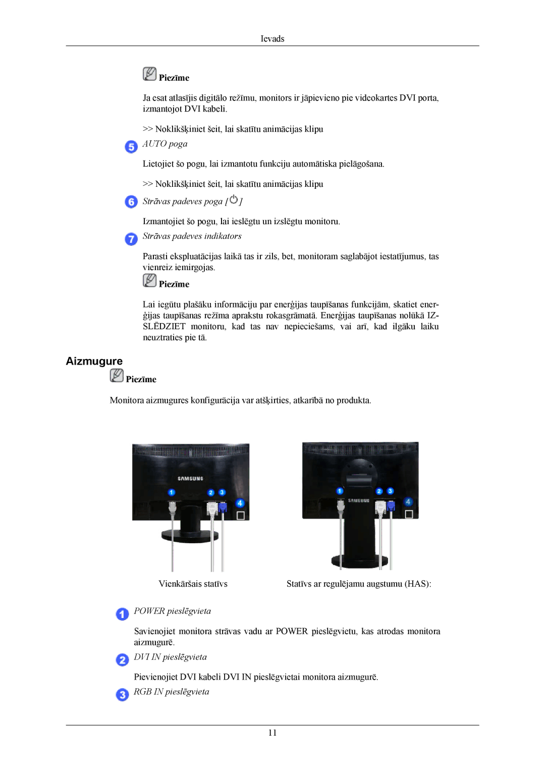 Samsung LS19MYKEBQ/EDC, LS19MYKEBCA/EN manual Aizmugure, Strāvas padeves indikators 