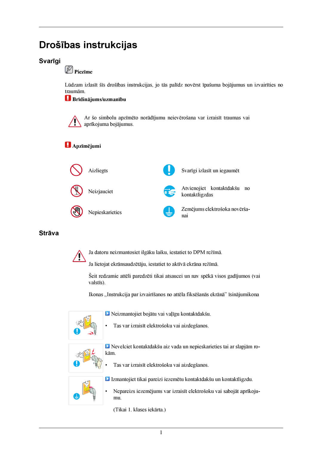 Samsung LS19MYKEBQ/EDC, LS19MYKEBCA/EN manual Drošības instrukcijas, Svarīgi, Strāva 