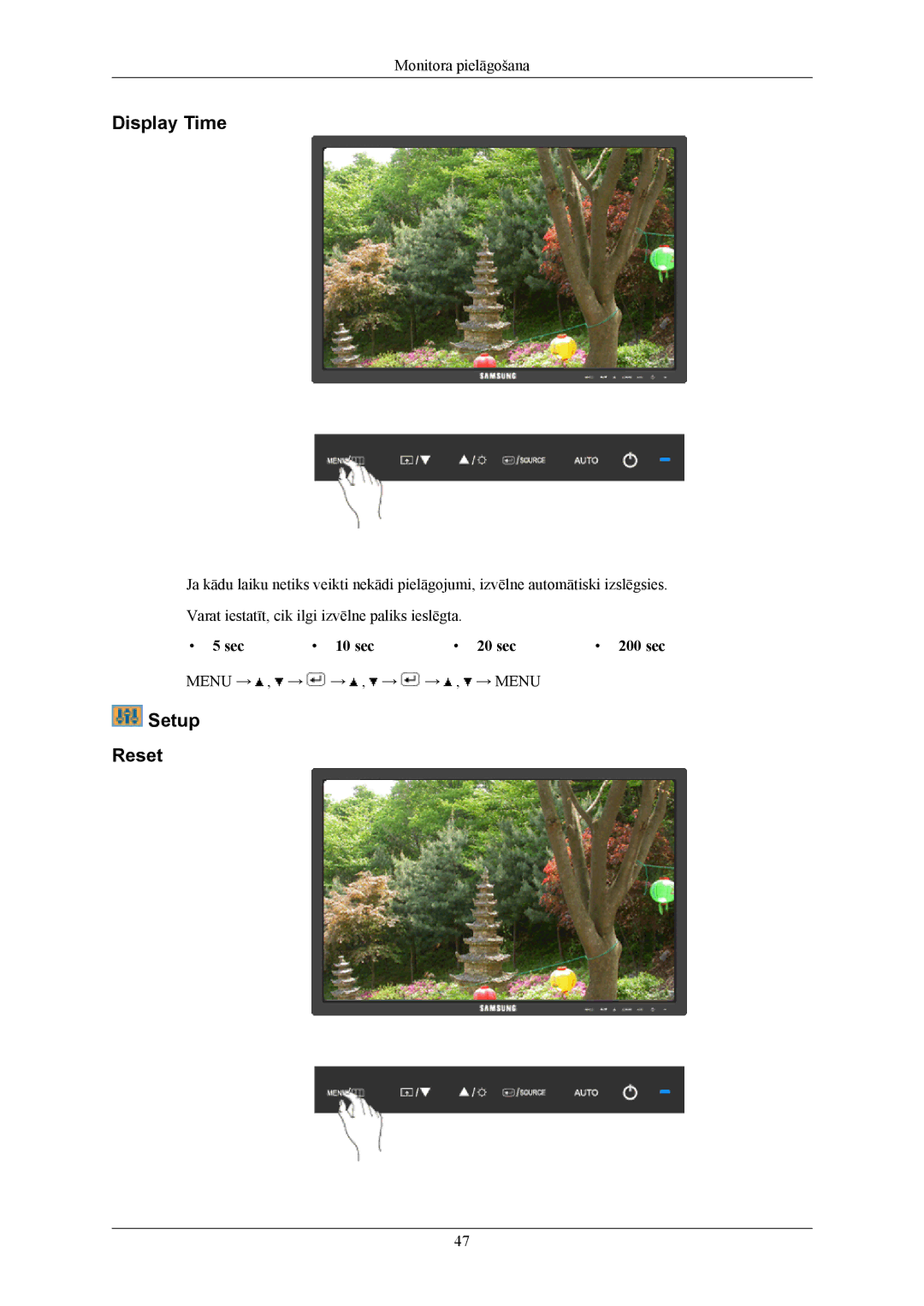 Samsung LS19MYKEBQ/EDC, LS19MYKEBCA/EN manual Display Time, Setup Reset, Sec 10 sec 20 sec 200 sec 