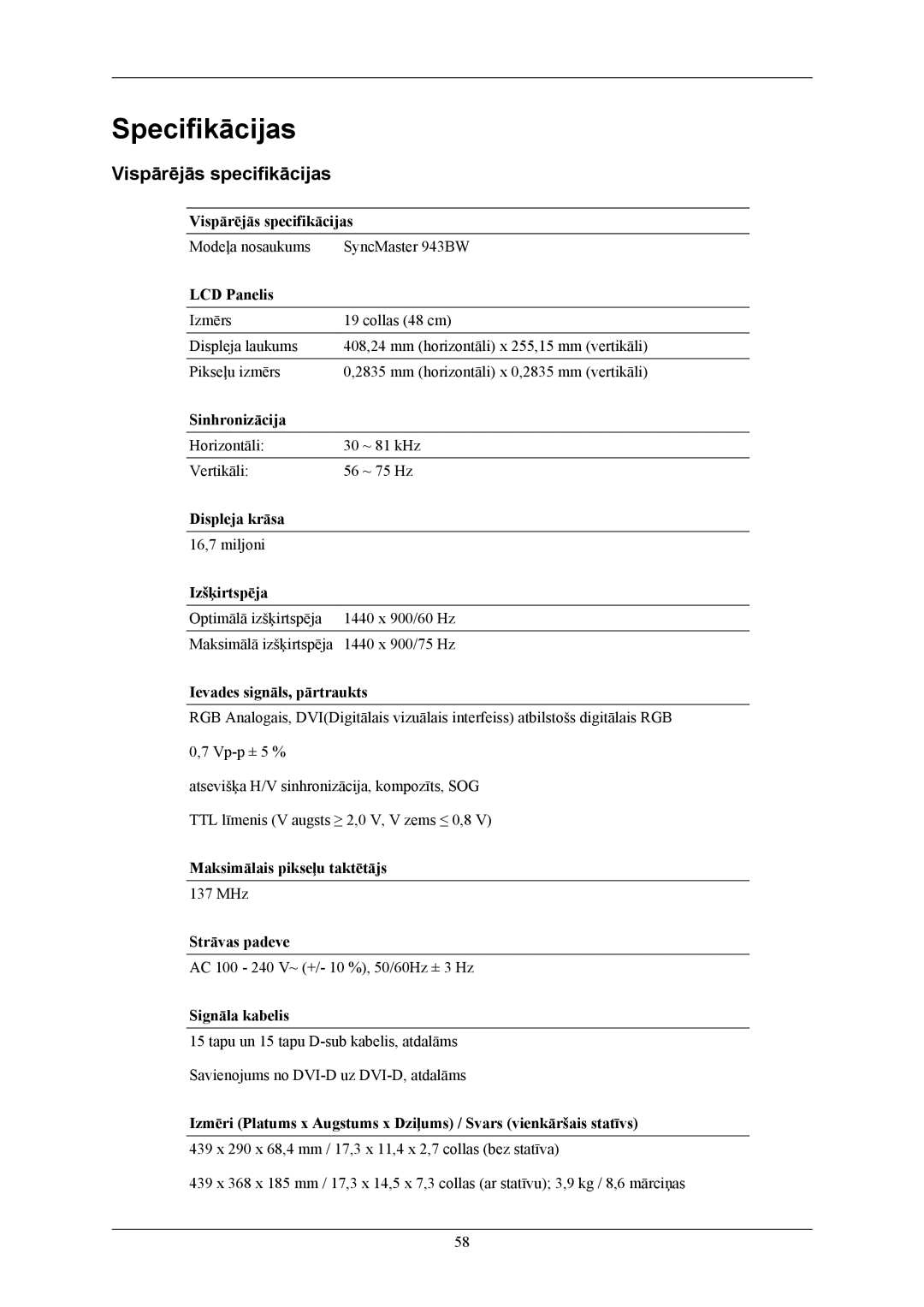 Samsung LS19MYKEBCA/EN, LS19MYKEBQ/EDC manual Specifikācijas, Vispārējās specifikācijas 