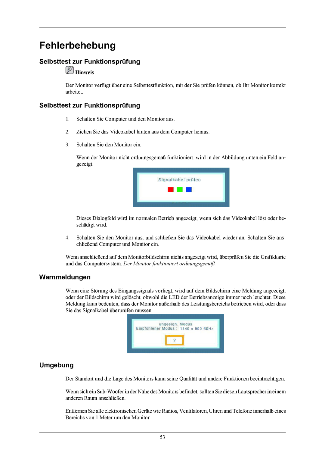 Samsung LS19MYKEBQ/EDC, LS19MYKESQ/EDC manual Fehlerbehebung, Selbsttest zur Funktionsprüfung, Warnmeldungen, Umgebung 