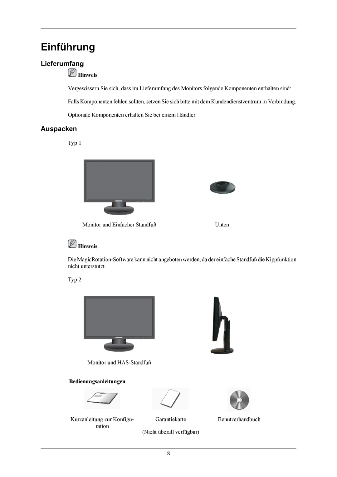 Samsung LS19MYKESQ/EDC, LS19MYKEBQ/EDC manual Einführung, Lieferumfang, Auspacken, Bedienungsanleitungen 