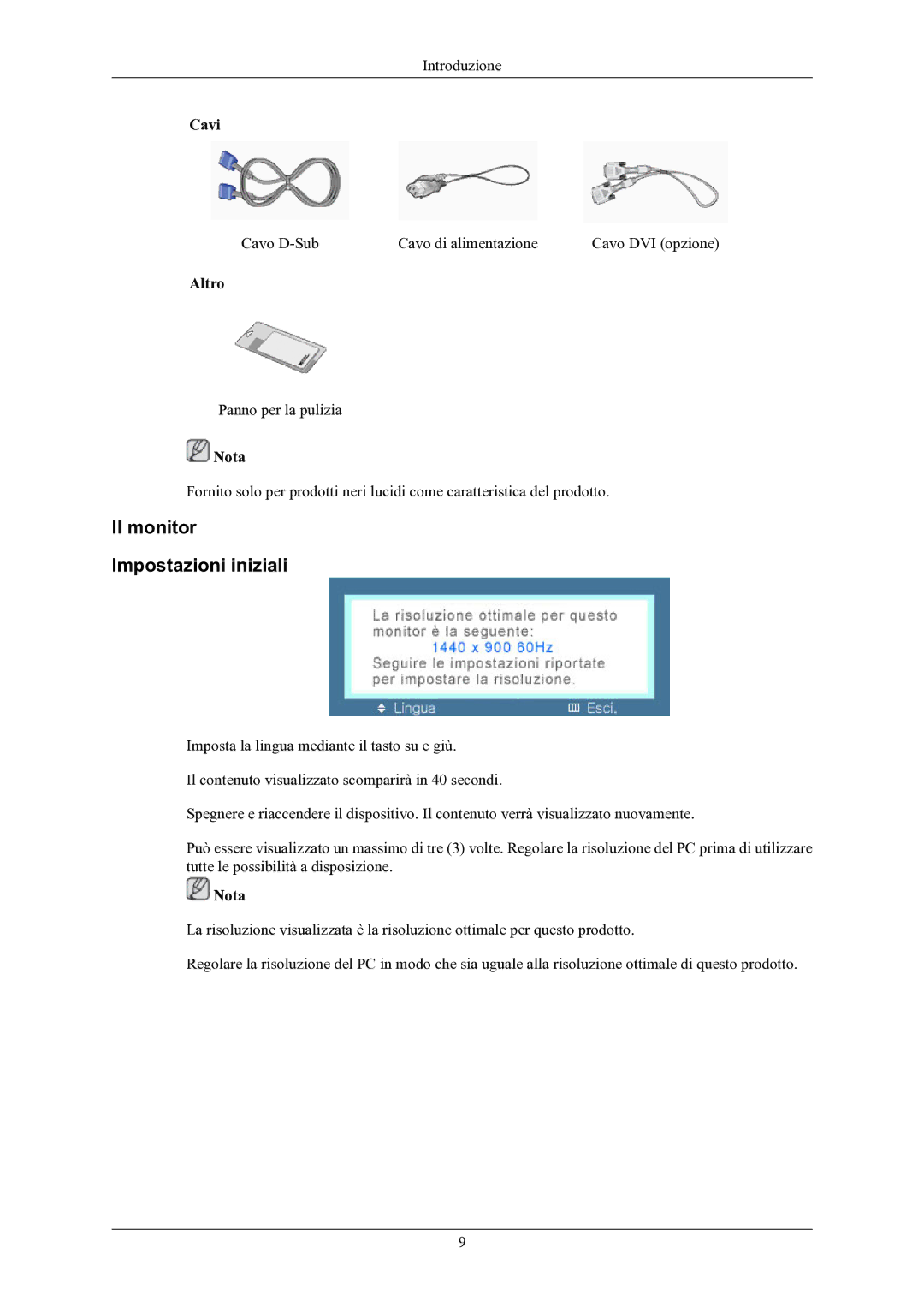 Samsung LS19MYKEBQ/EDC manual Il monitor Impostazioni iniziali, Cavi, Altro 