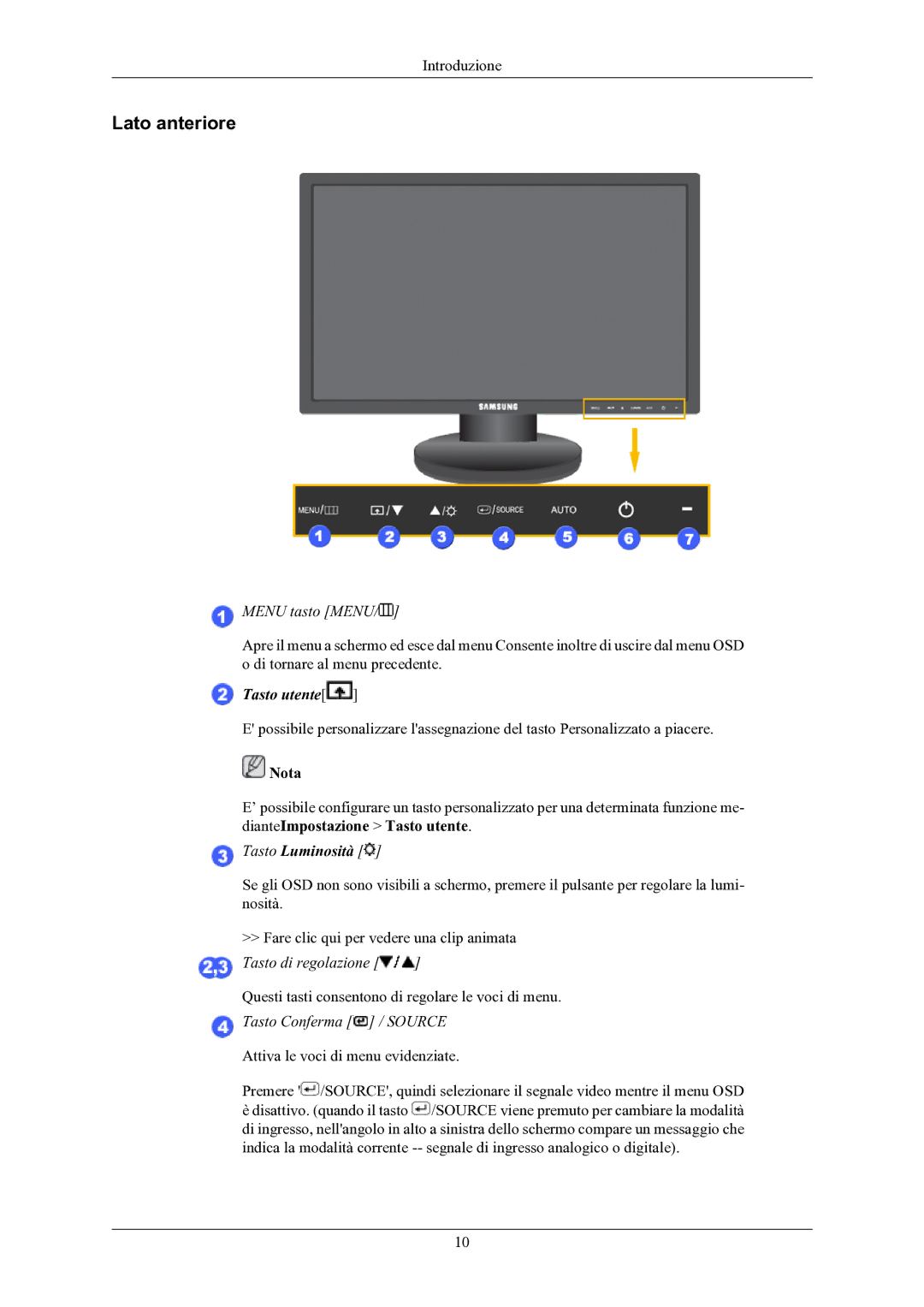 Samsung LS19MYKEBQ/EDC manual Lato anteriore, Menu tasto Menu 