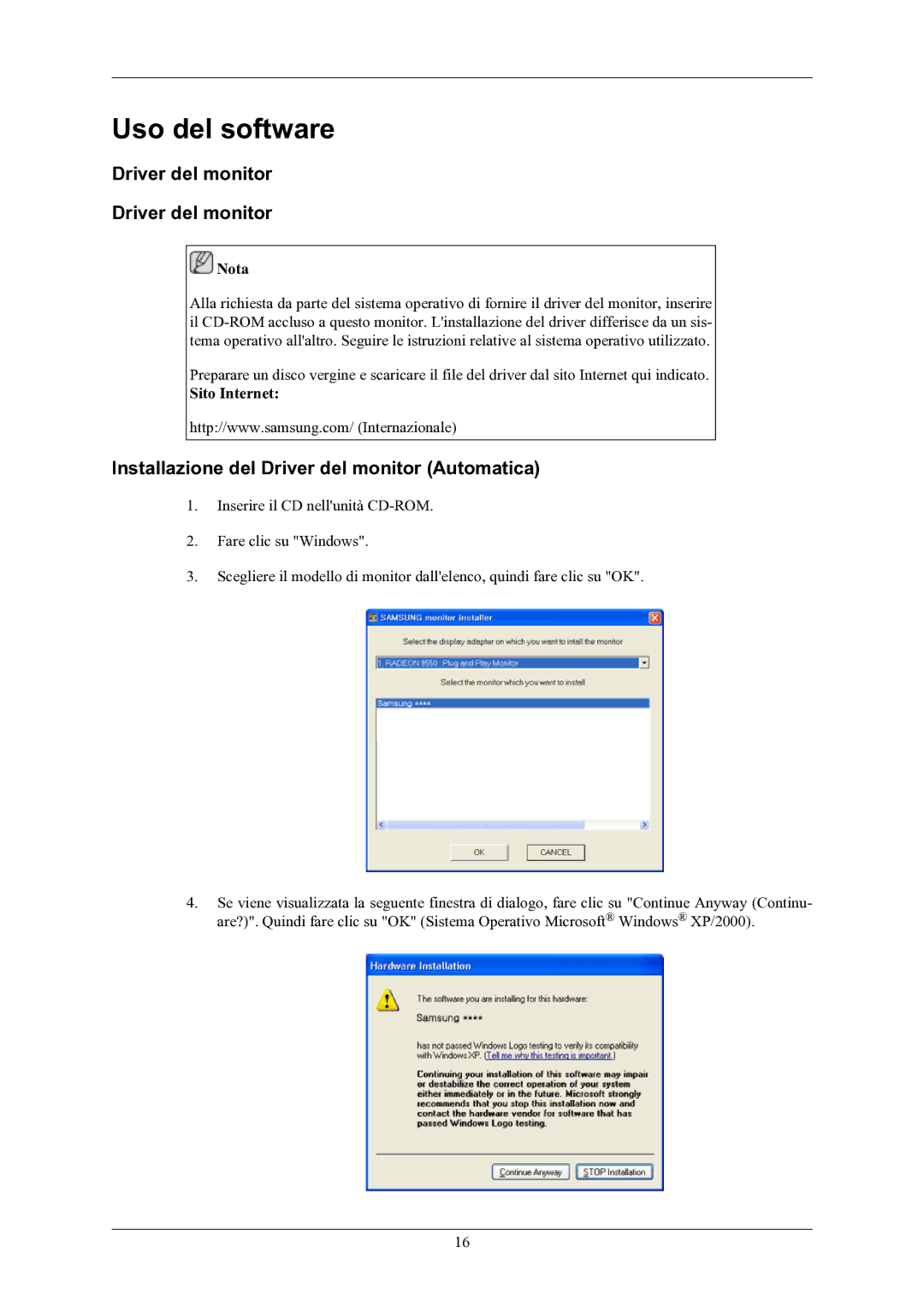 Samsung LS19MYKEBQ/EDC manual Uso del software, Installazione del Driver del monitor Automatica, Sito Internet 