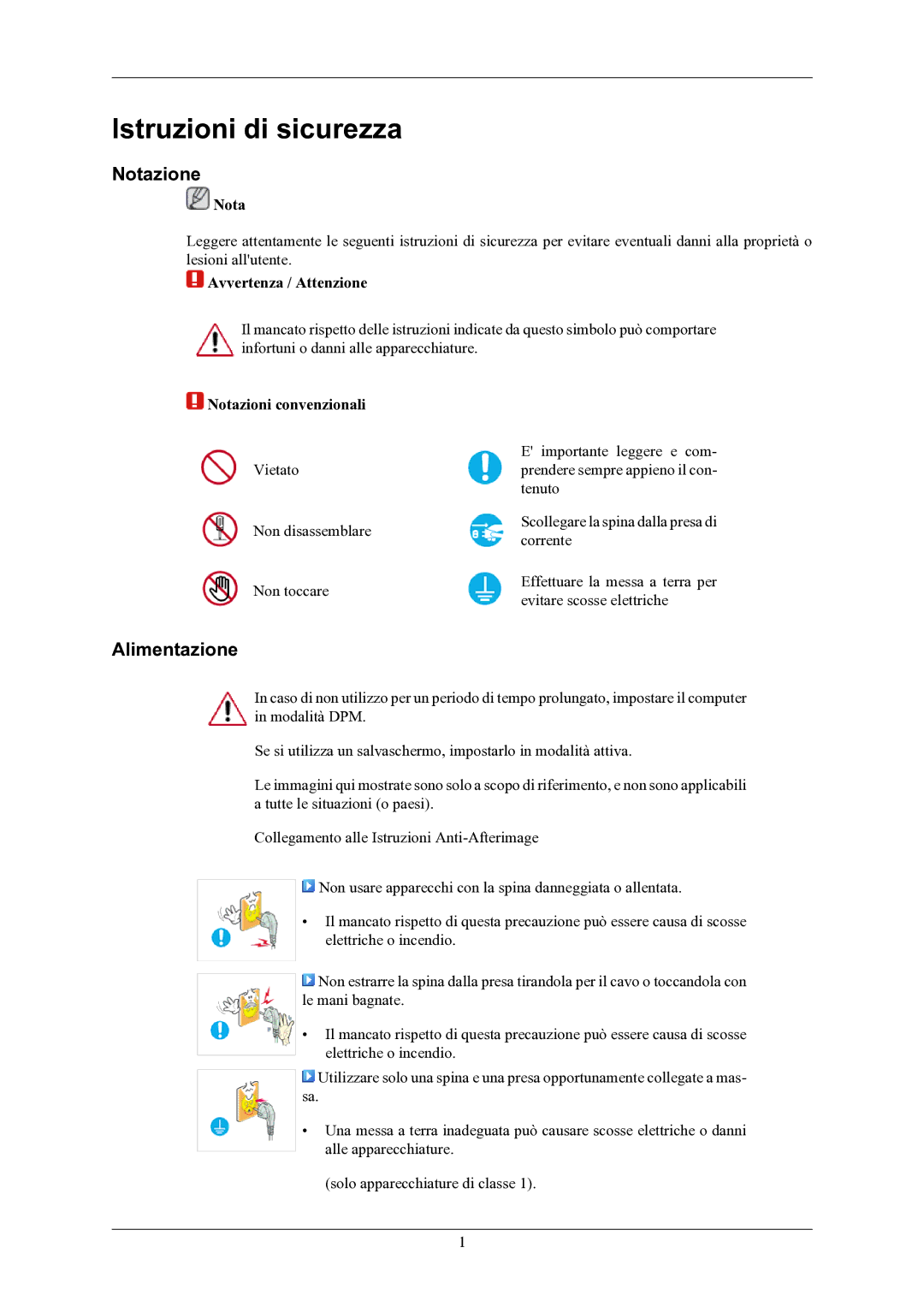 Samsung LS19MYKEBQ/EDC manual Istruzioni di sicurezza, Notazione, Alimentazione 