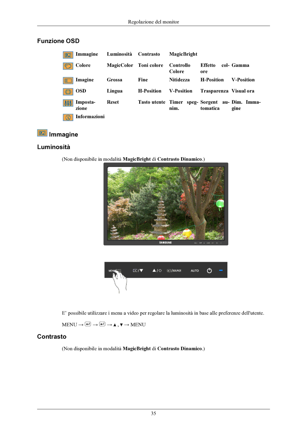 Samsung LS19MYKEBQ/EDC manual Funzione OSD, Immagine Luminosità, Contrasto 