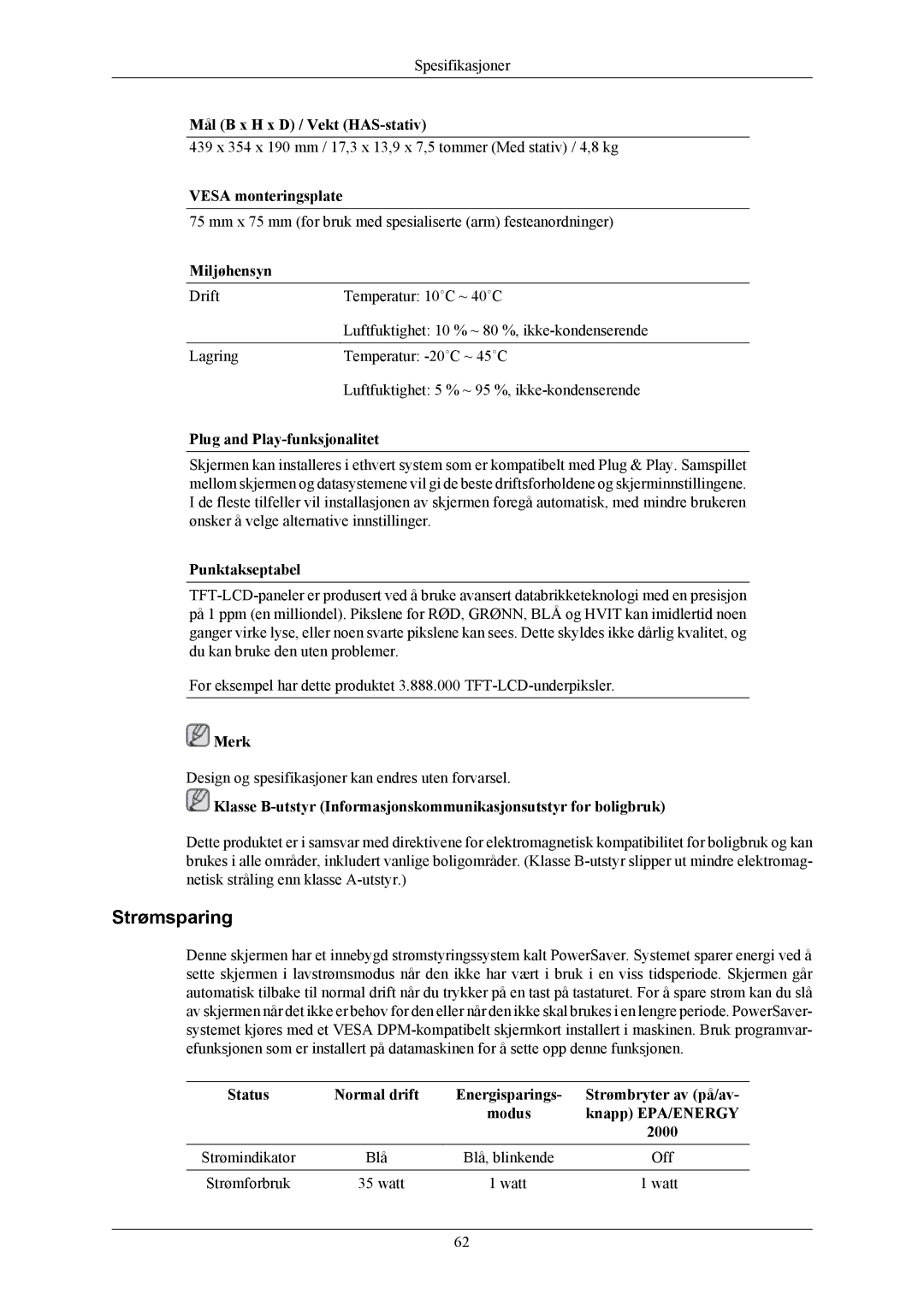 Samsung LS19MYKESCA/EN, LS19MYKESQ/EDC manual Strømsparing 