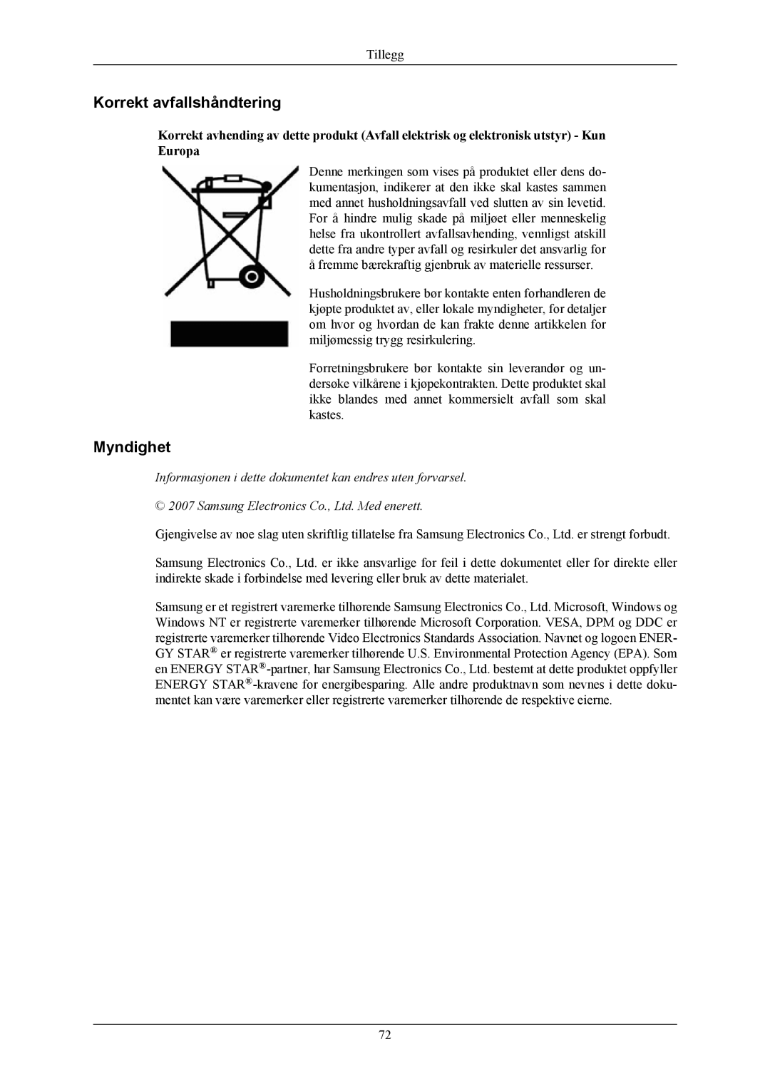 Samsung LS19MYKESCA/EN, LS19MYKESQ/EDC manual Korrekt avfallshåndtering, Myndighet 