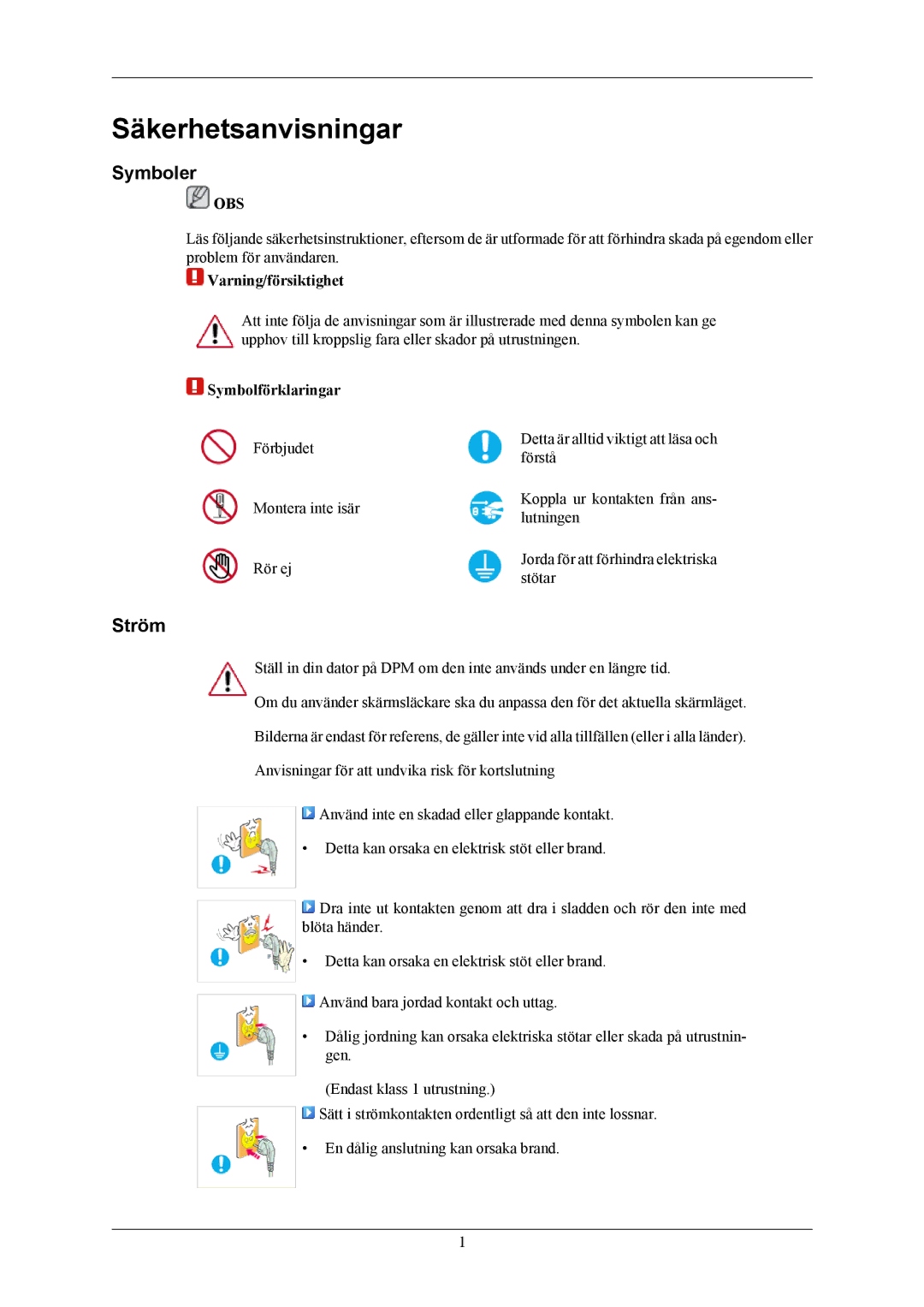 Samsung LS19MYKESQ/EDC, LS19MYKESCA/EN Säkerhetsanvisningar, Symboler, Ström, Varning/försiktighet, Symbolförklaringar 