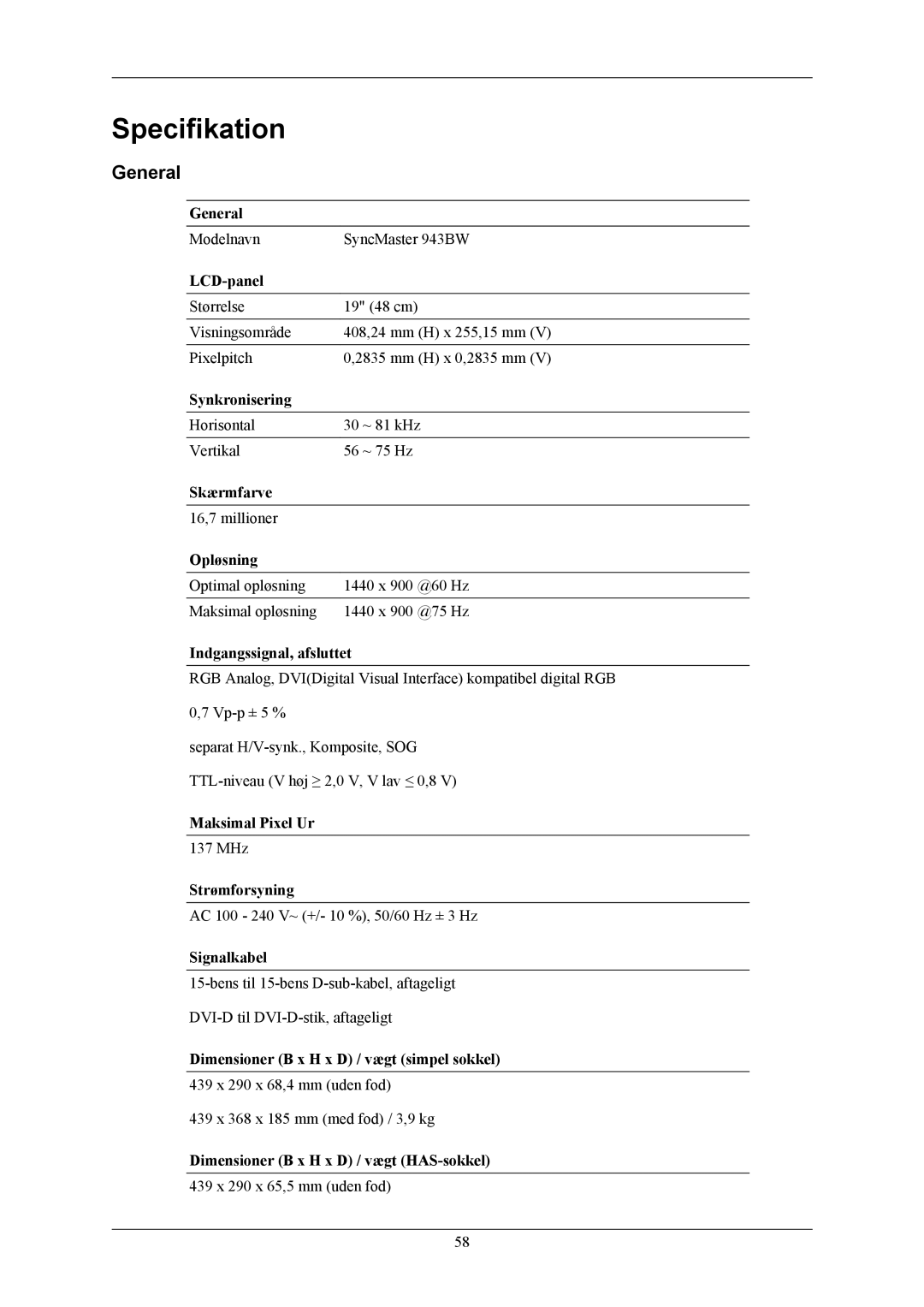 Samsung LS19MYKESCA/EN, LS19MYKESQ/EDC manual Specifikation, General 